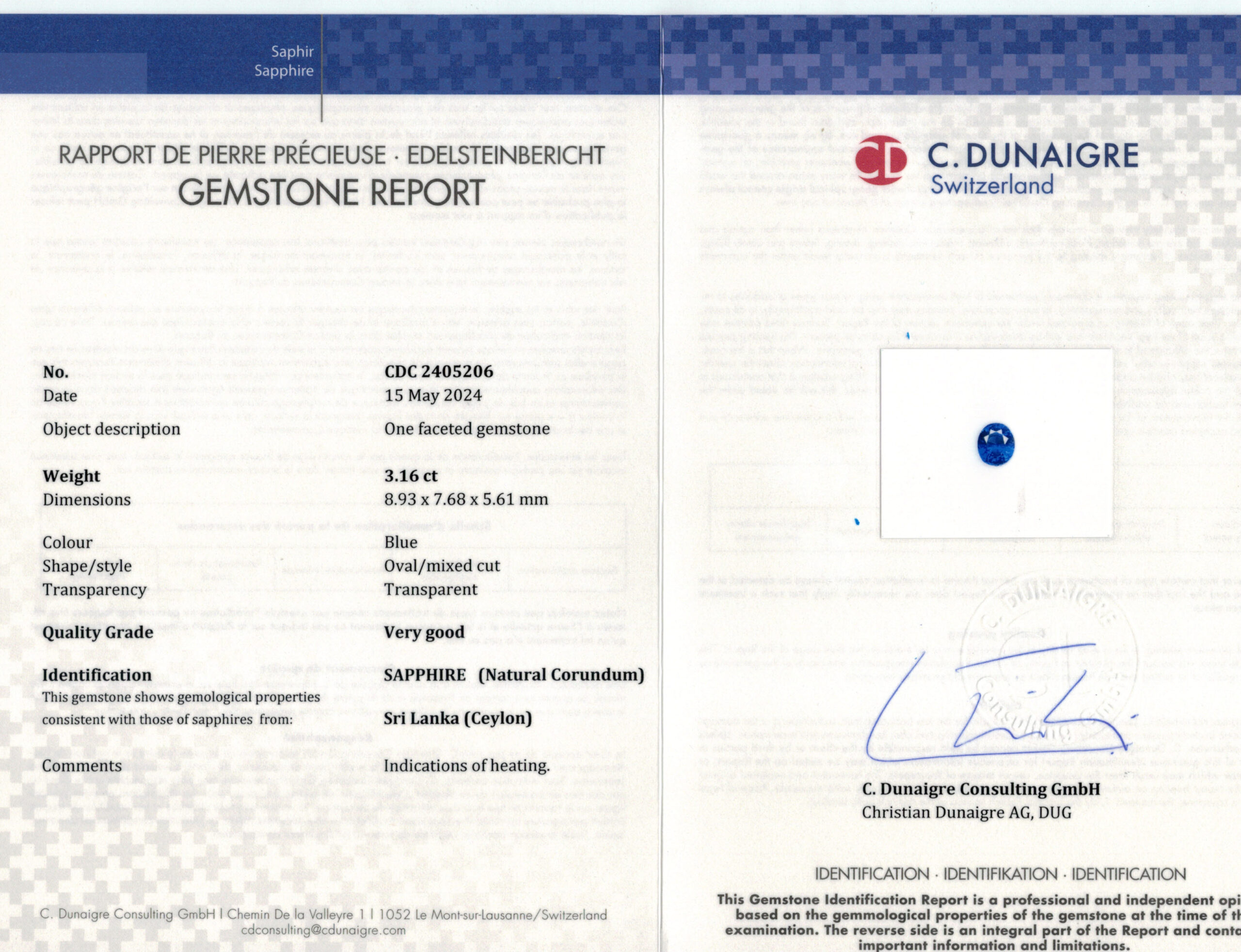 8.93X7.68MM OVAL  SRI LANKA SAPPHIRE 3.16CT