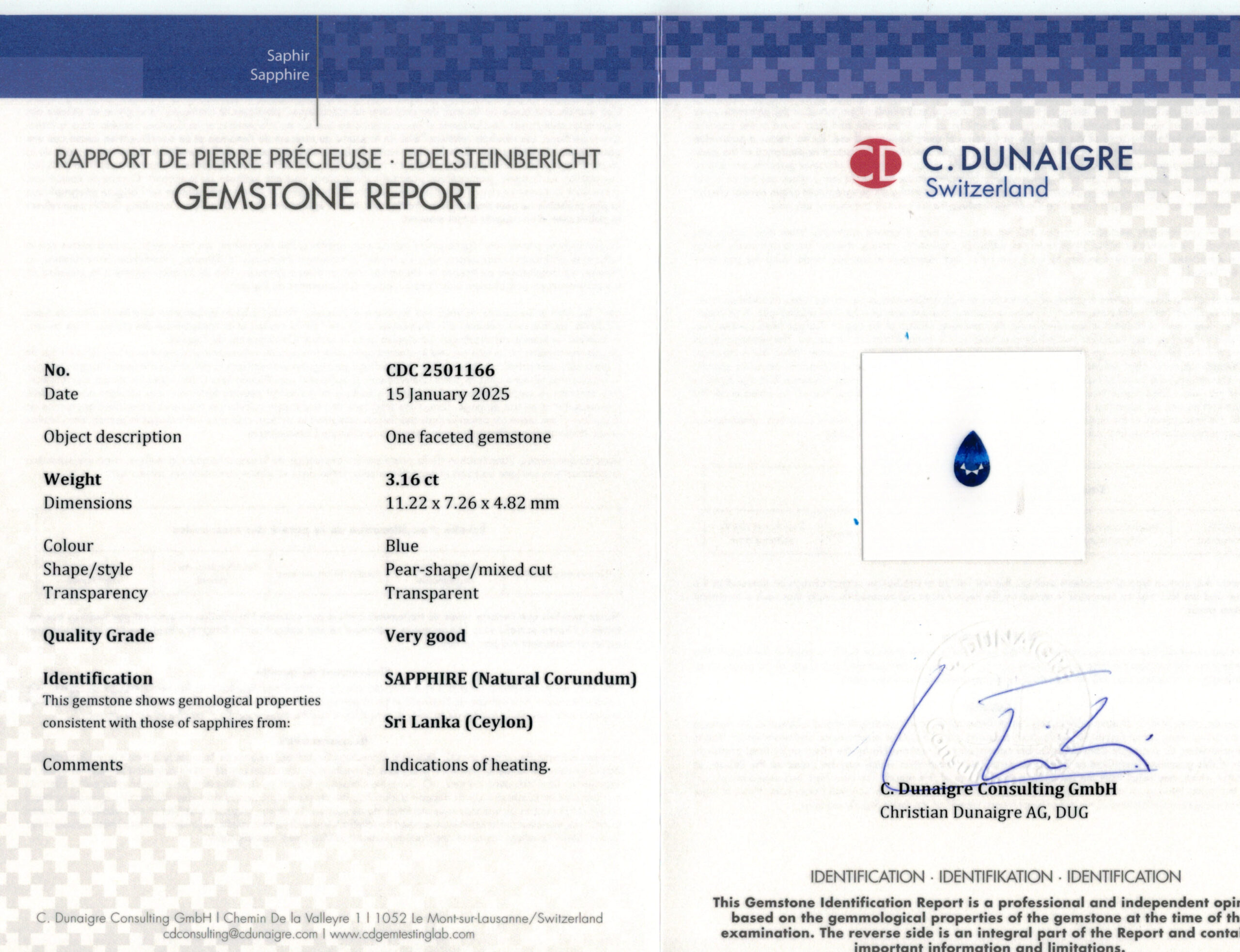 11.22X7.26MM PEAR  SRI LANKA SAPPHIRE 3.16CT
