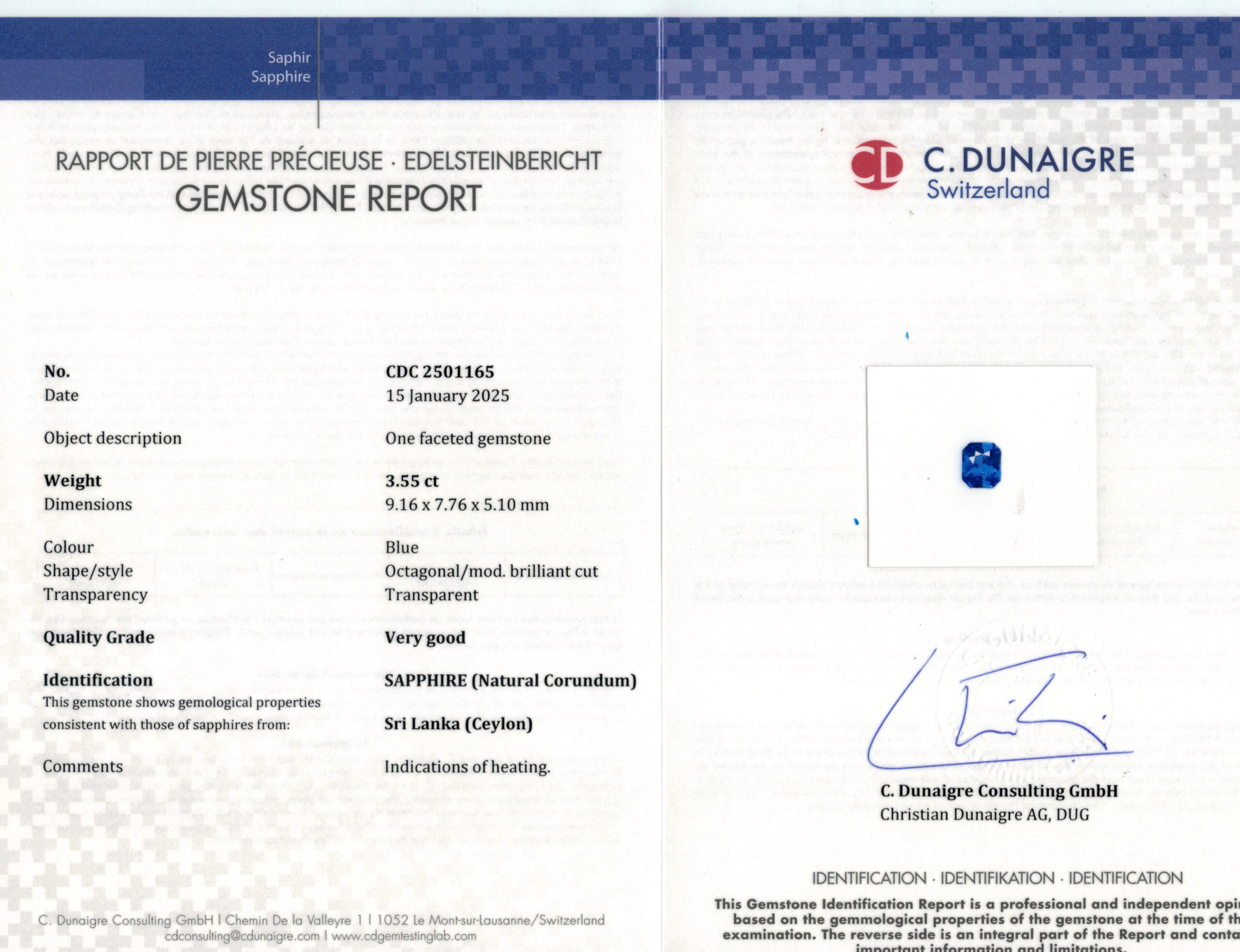 9.16X7.76MM RADIANT  SRI LANKA SAPPHIRE 3.55CT
