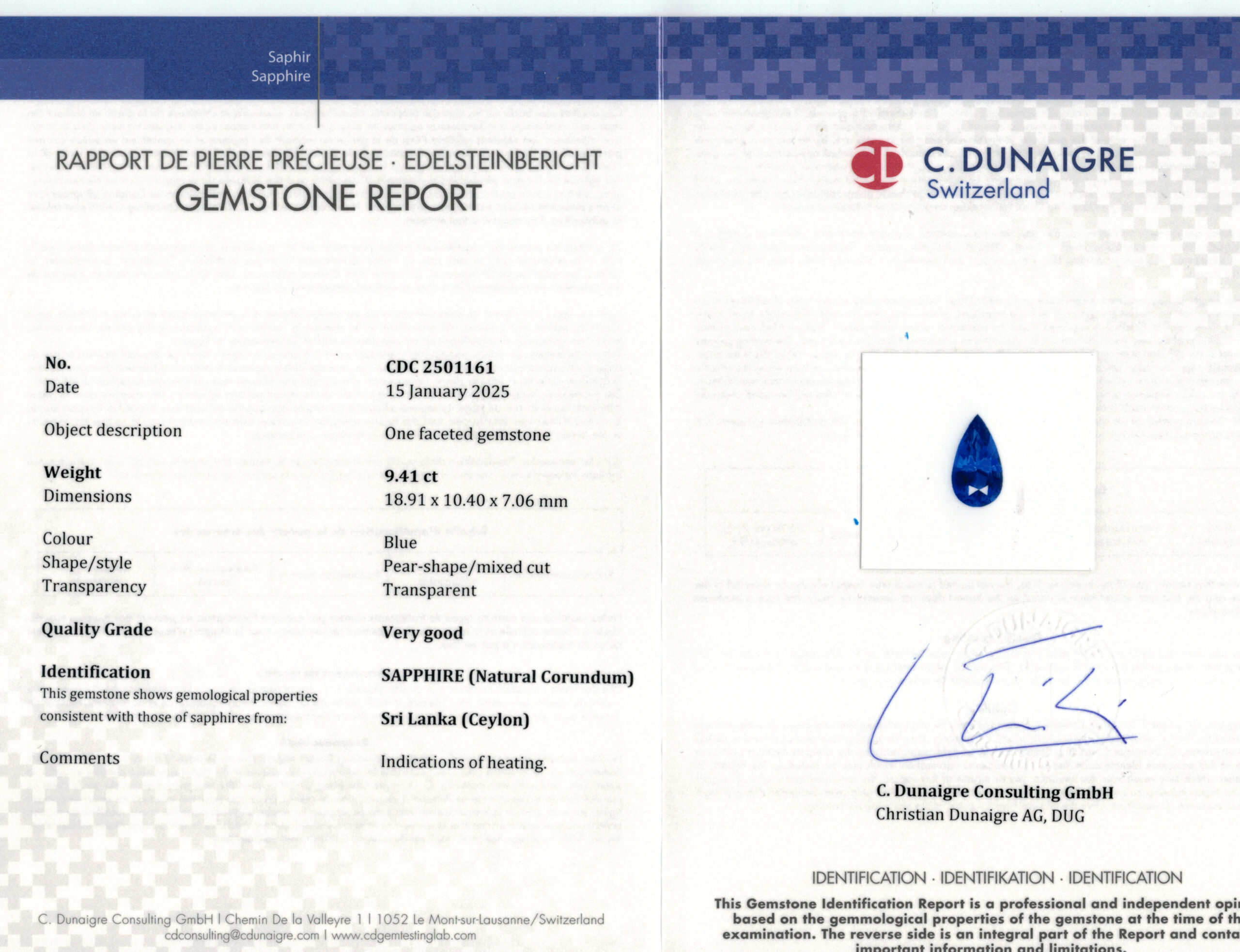18.91X10.4MM PEAR  SRI LANKA SAPPHIRE 9.41CT
