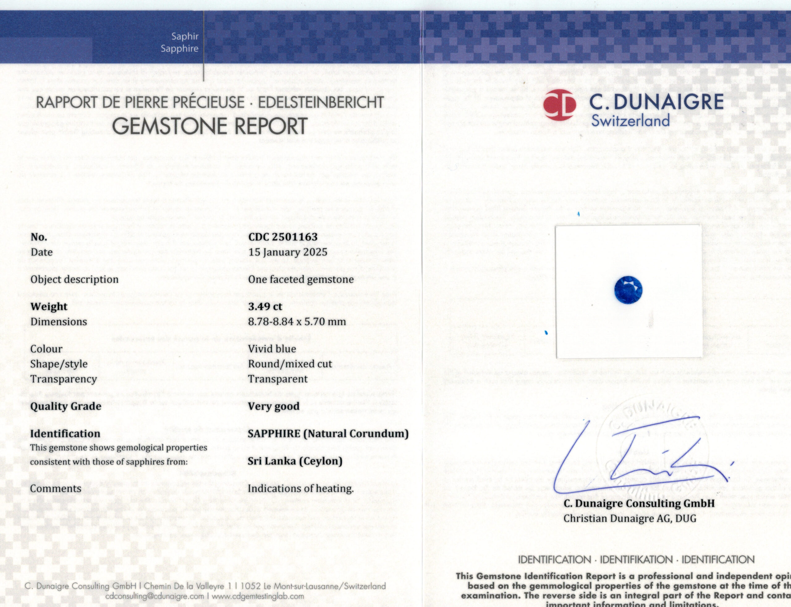 8.78X8.84MM ROUND  SRI LANKA SAPPHIRE 3.49CT