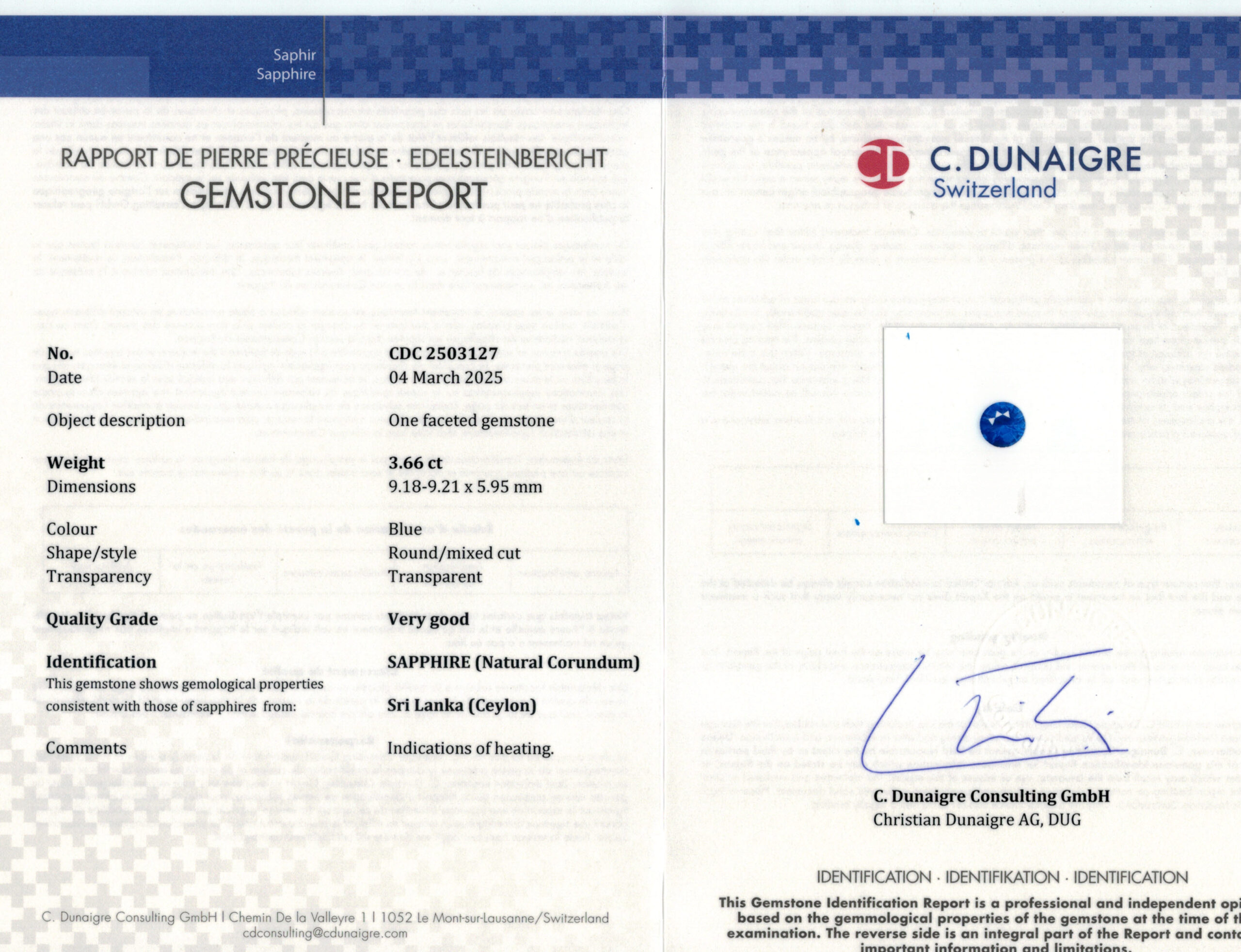 9.18X9.21MM ROUND  SRI LANKA SAPPHIRE 3.66CT