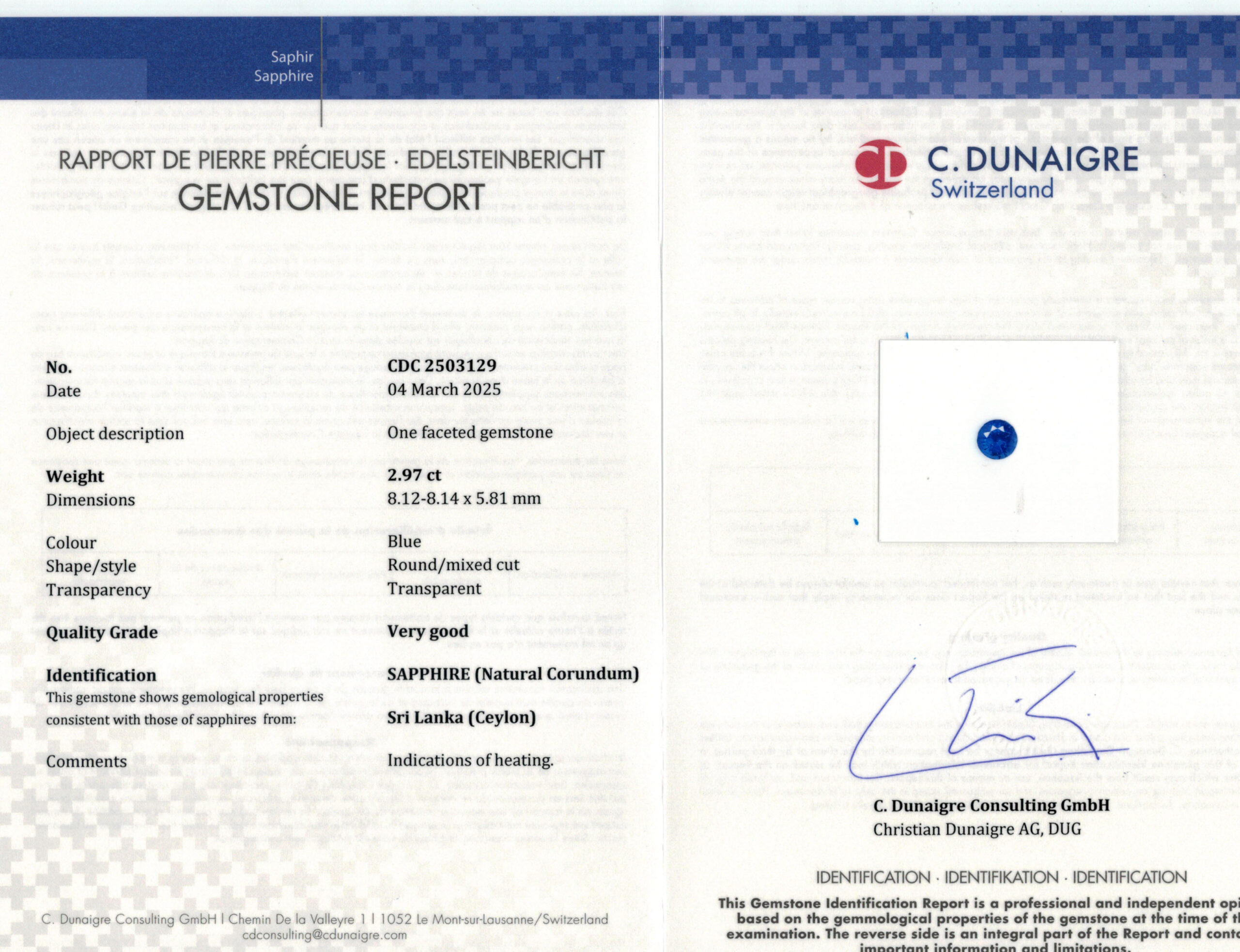 8.12X8.14MM ROUND  SRI LANKA SAPPHIRE 2.97CT