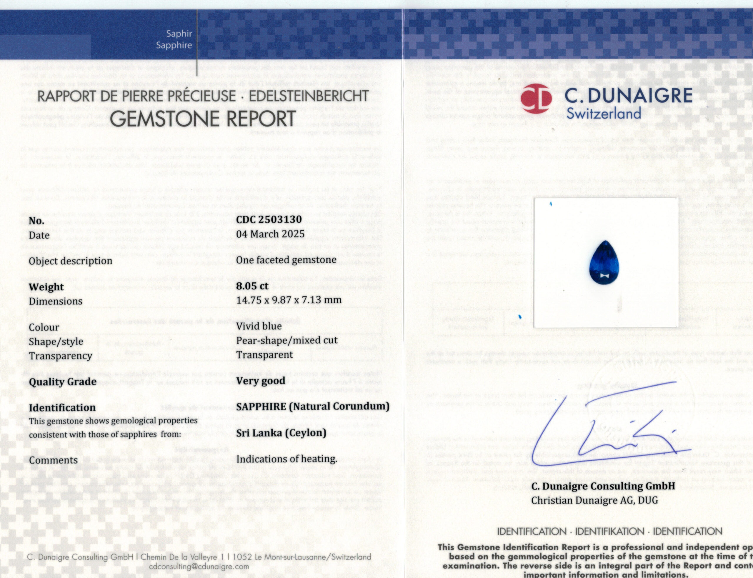 14.75X9.87MM PEAR  SRI LANKA SAPPHIRE 8.05CT