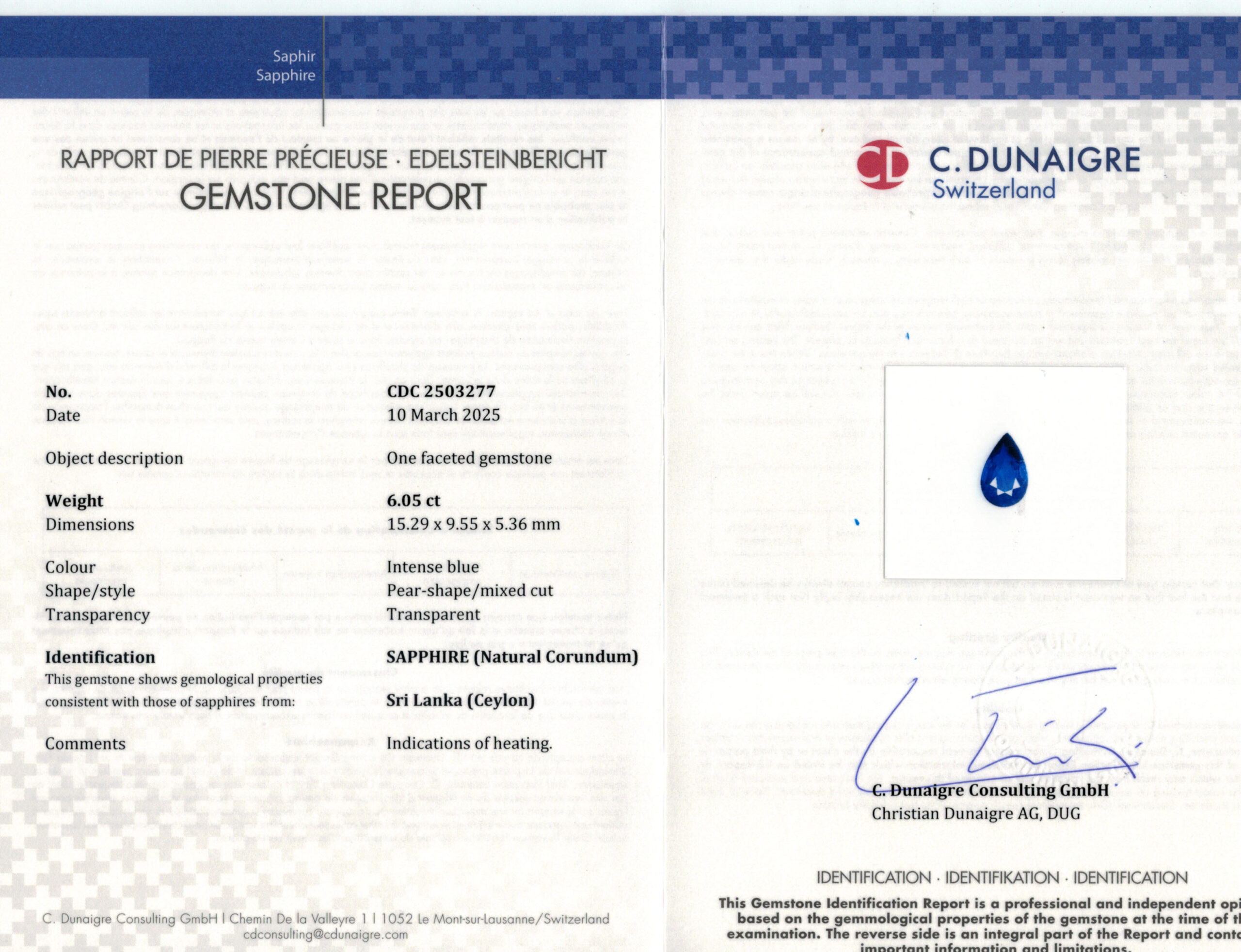 15.29X9.55MM PEAR  SRI LANKA SAPPHIRE 6.05CT