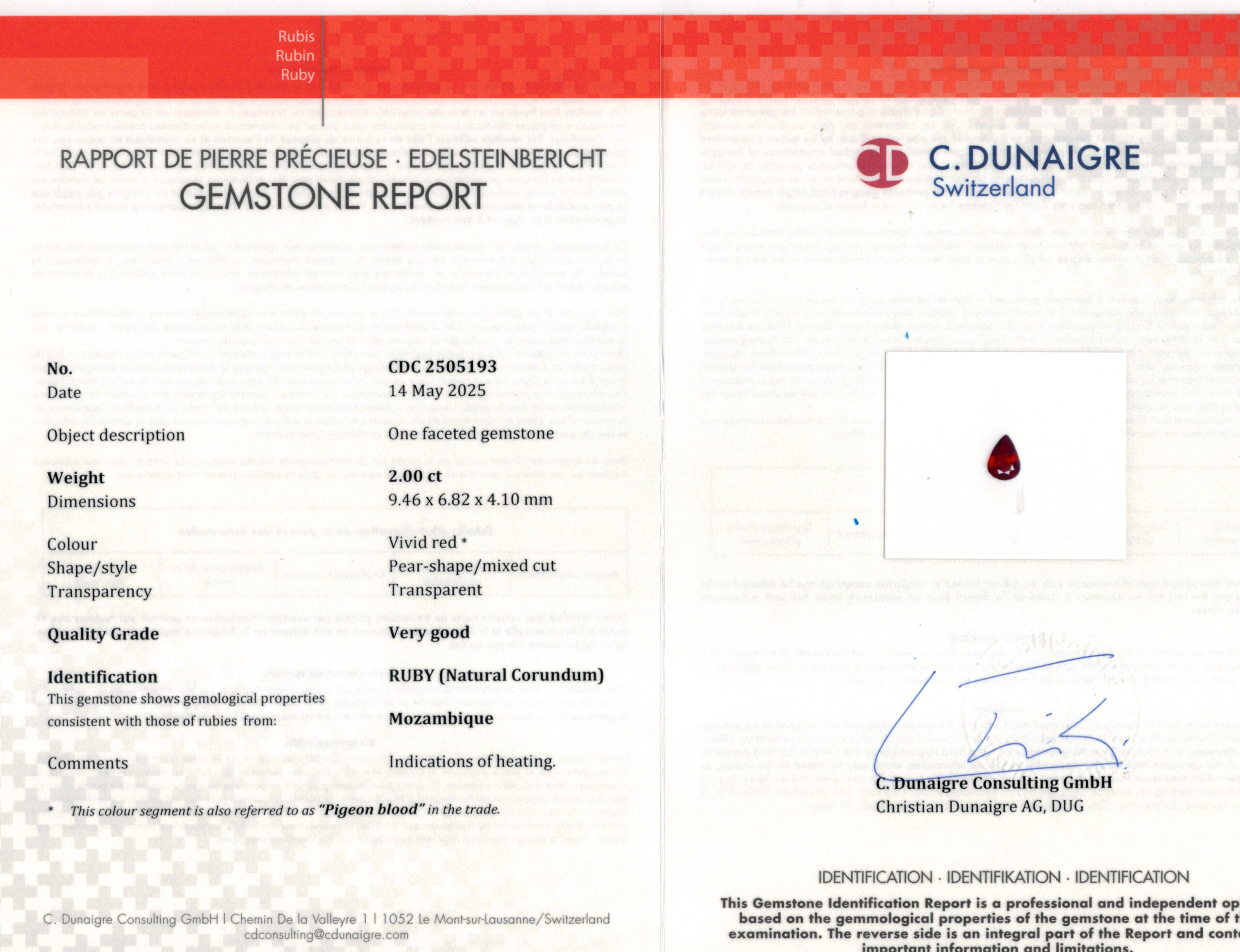 9.46X6.82MM PEAR  MOZAMBIQUE RUBY 2.00CT