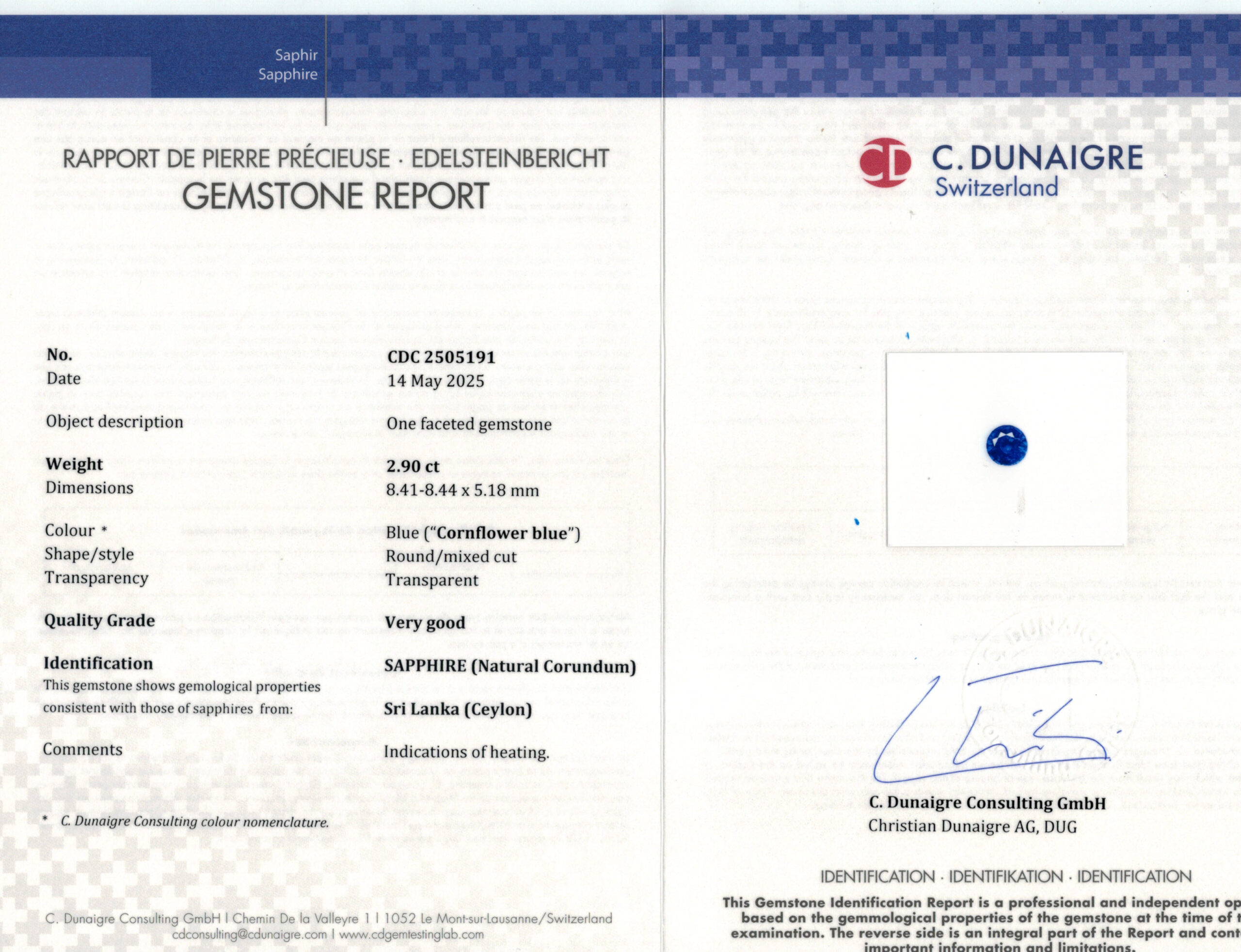 8.41X8.44MM ROUND  SRI LANKA SAPPHIRE 2.90CT