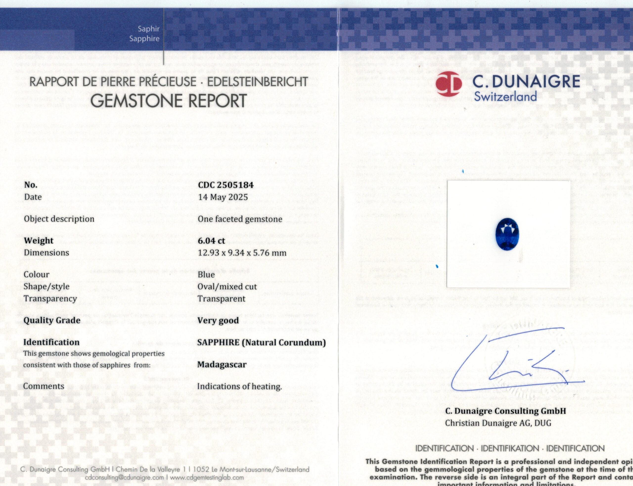 12.93X9.34MM OVAL  MADAGASCAR SAPPHIRE 6.04CT