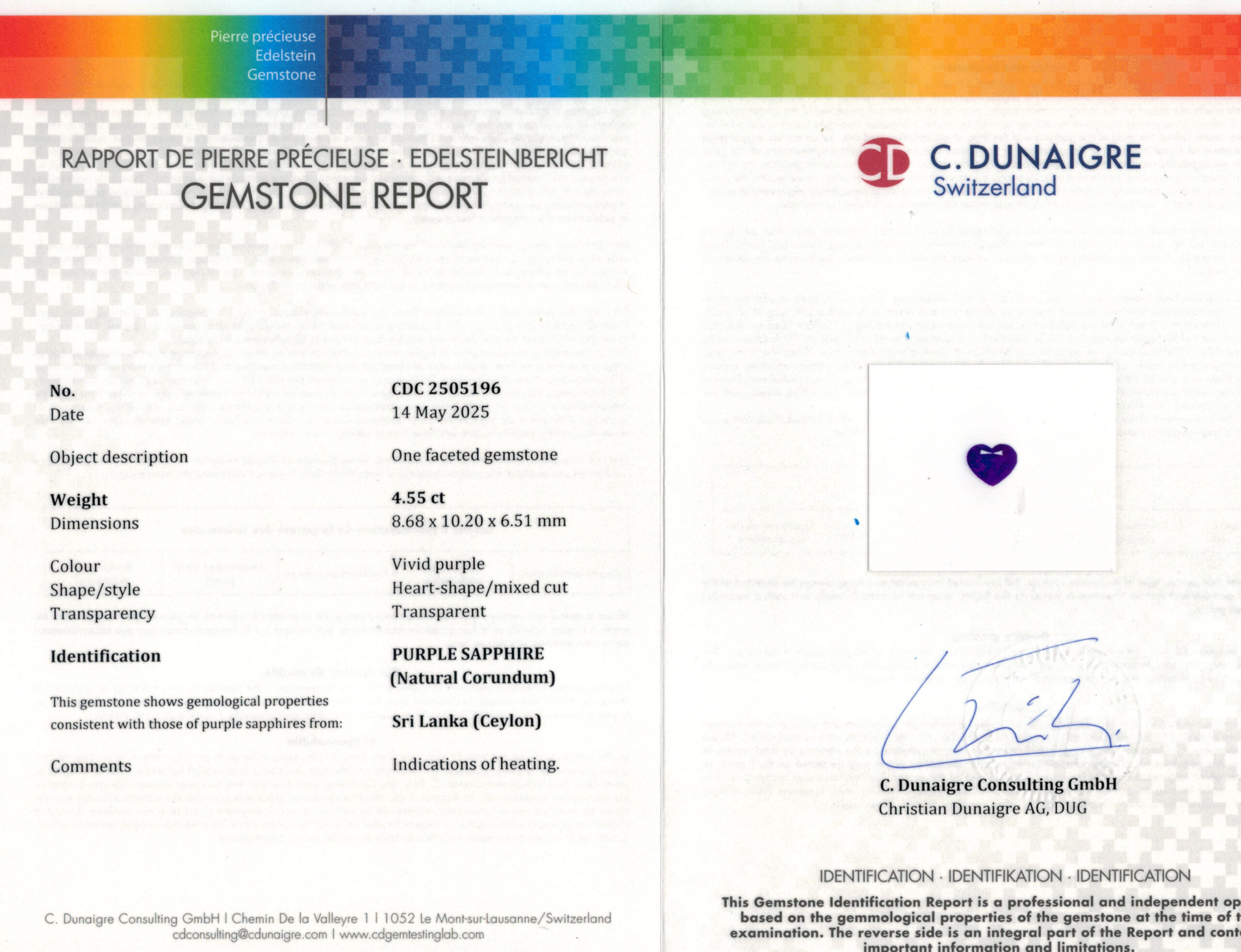8.68X10.2MM HEART PURPLE SRI LANKA SAPPHIRE 4.55CT