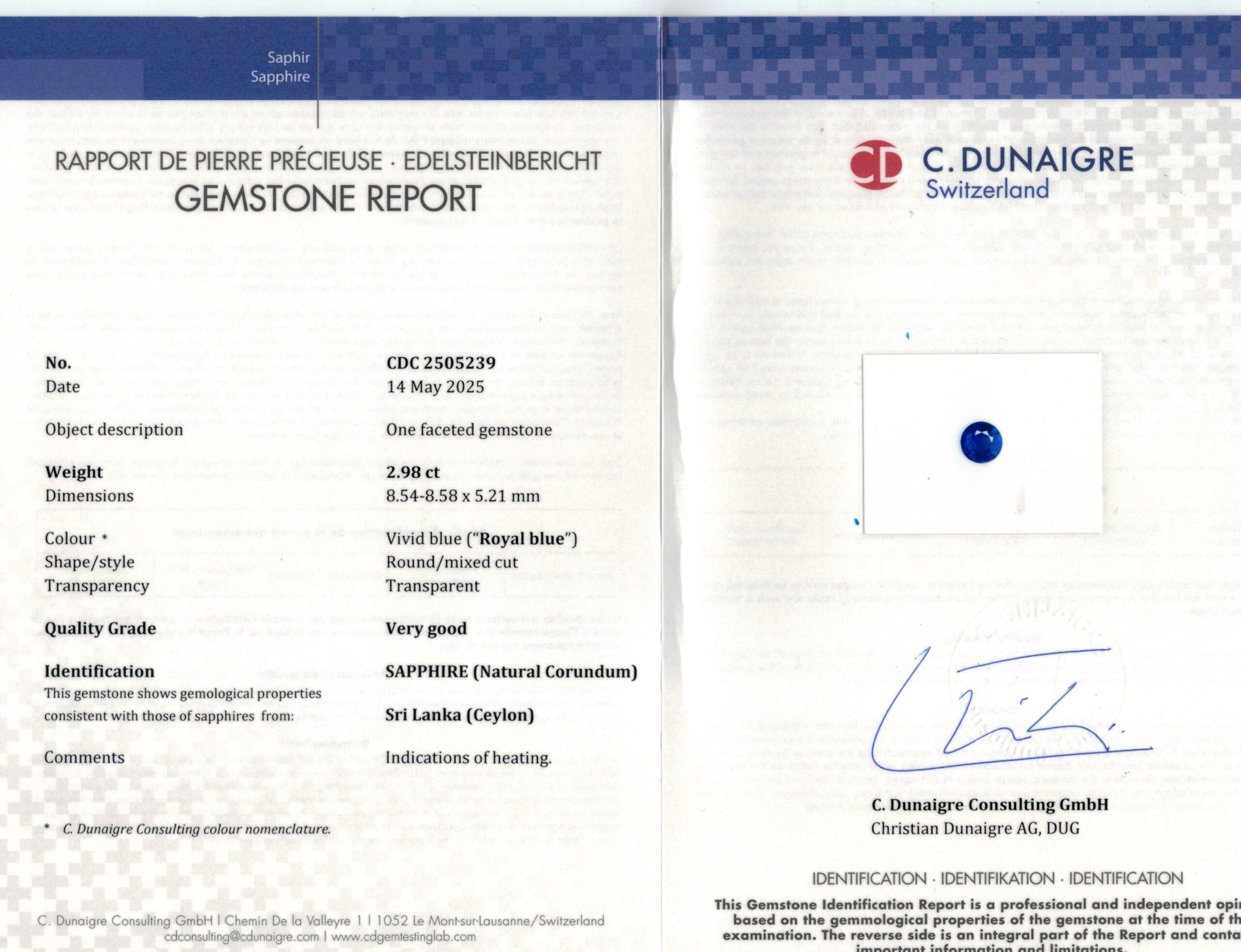 8.54X8.58MM ROUND  SRI LANKA SAPPHIRE 2.98CT