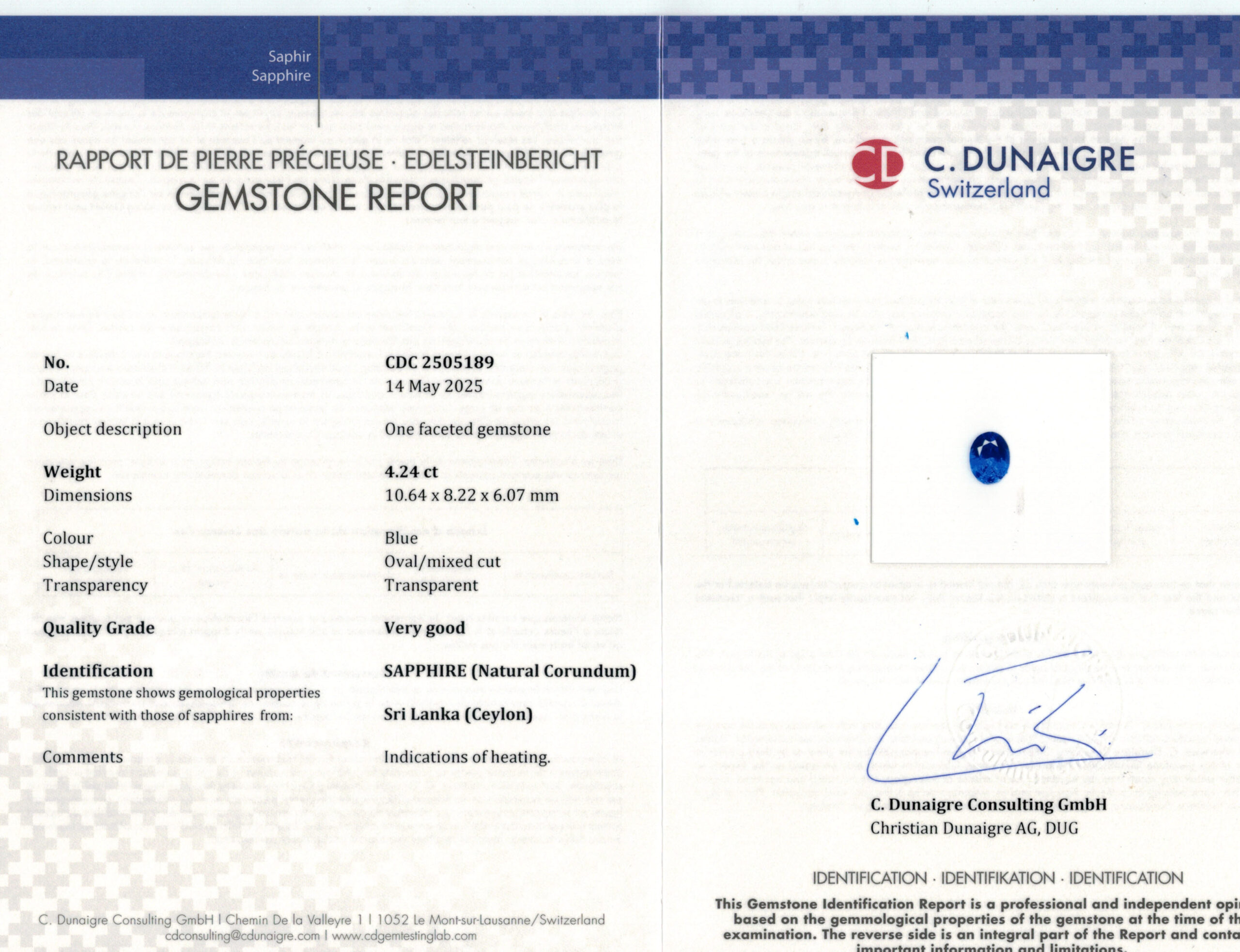 10.64X8.22MM OVAL  SRI LANKA SAPPHIRE 4.24CT