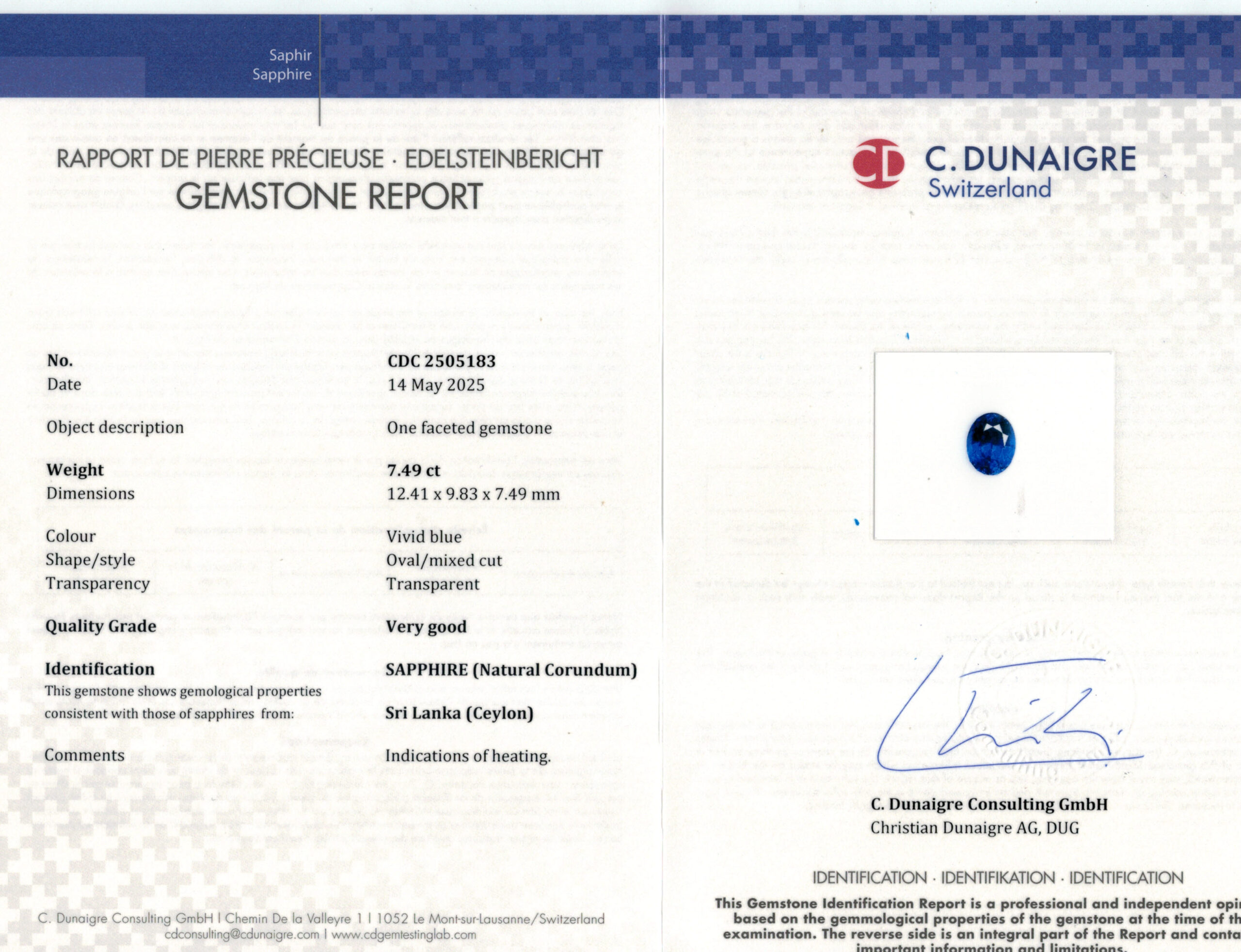 12.41X9.83MM OVAL  SRI LANKA SAPPHIRE 7.49CT