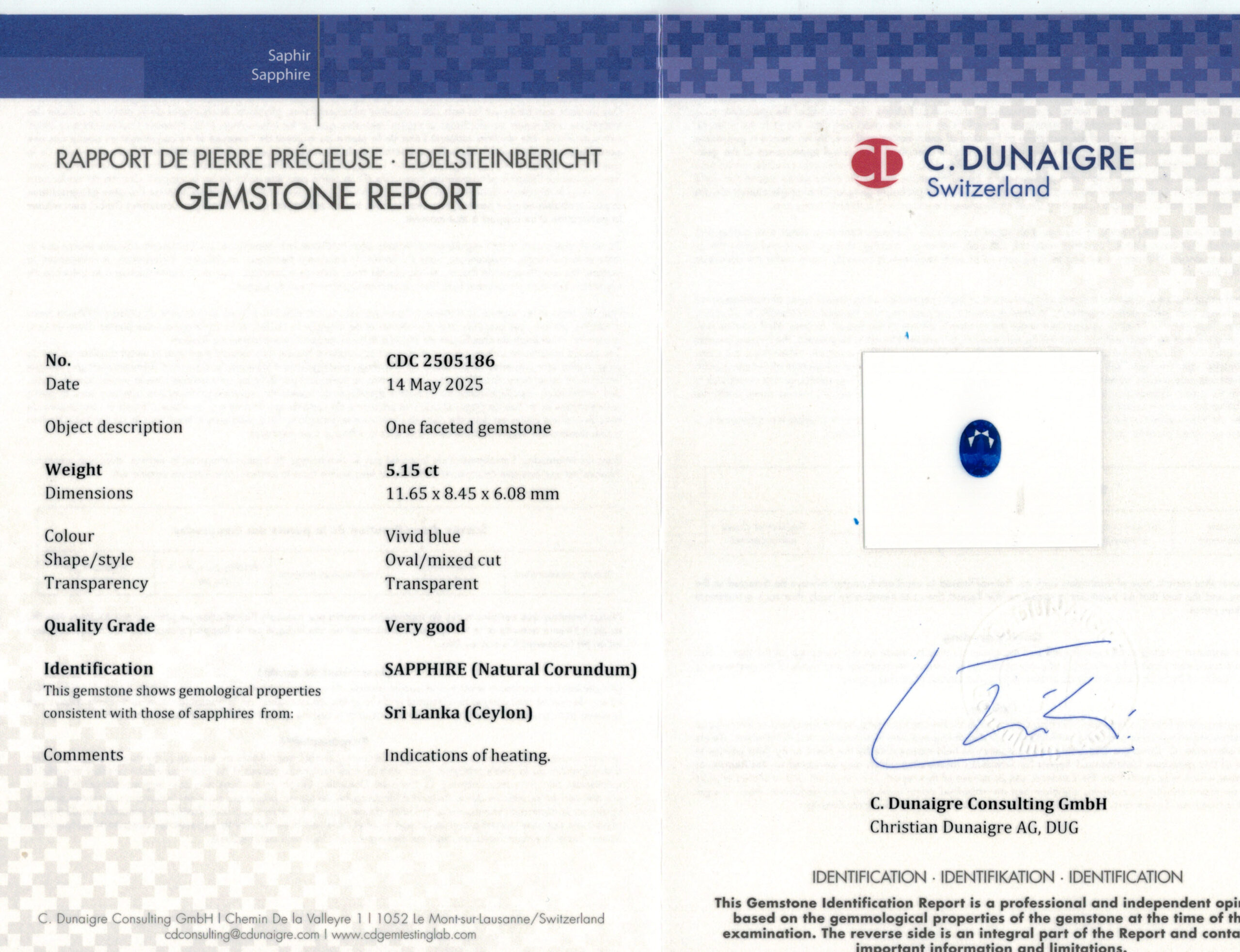 11.65X8.45MM OVAL  SRI LANKA SAPPHIRE 5.15CT