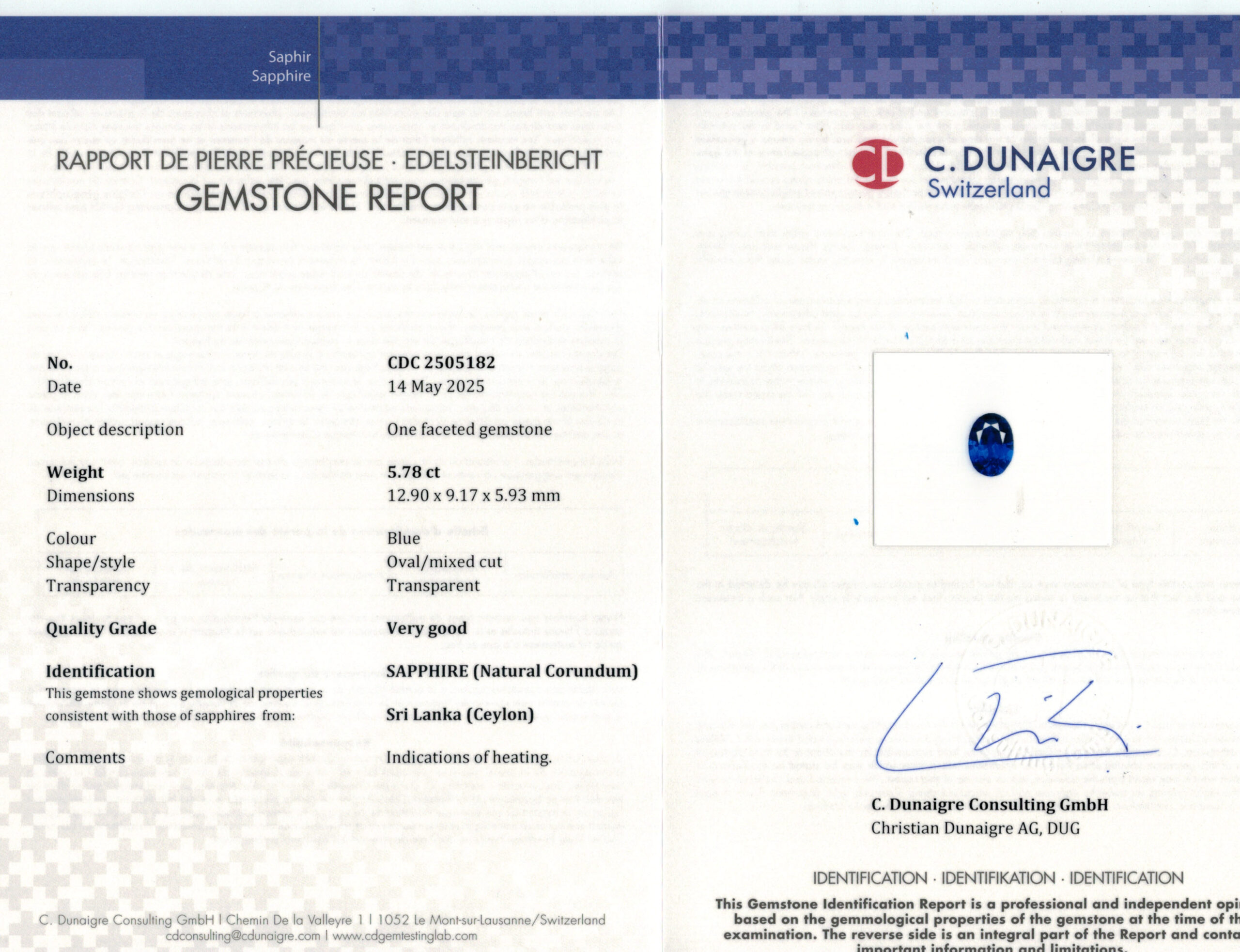 12.9X9.17MM OVAL  SRI LANKA SAPPHIRE 5.78CT