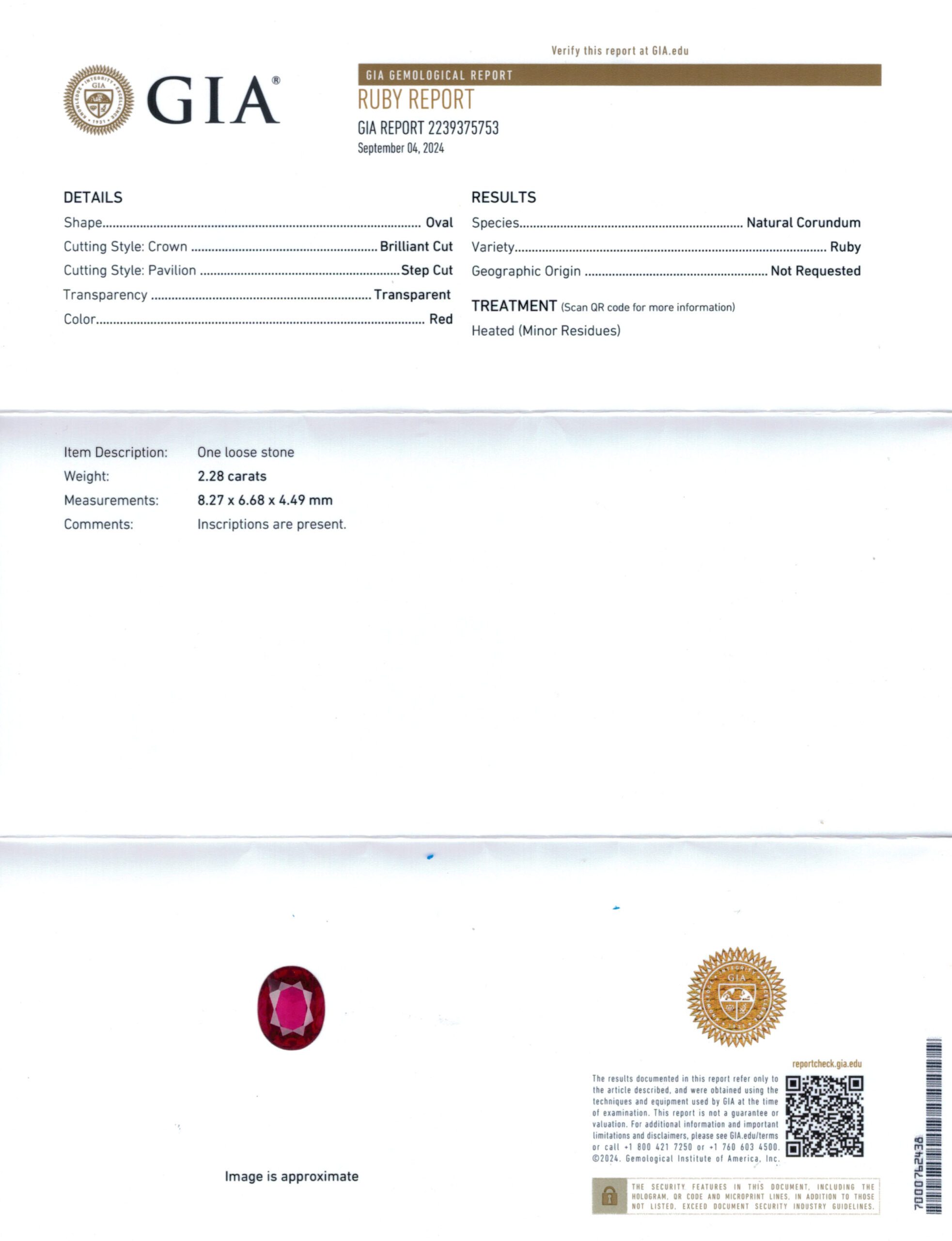 8.26X6.66MM OVAL  MOZAMBIQUE RUBY 2.28CT