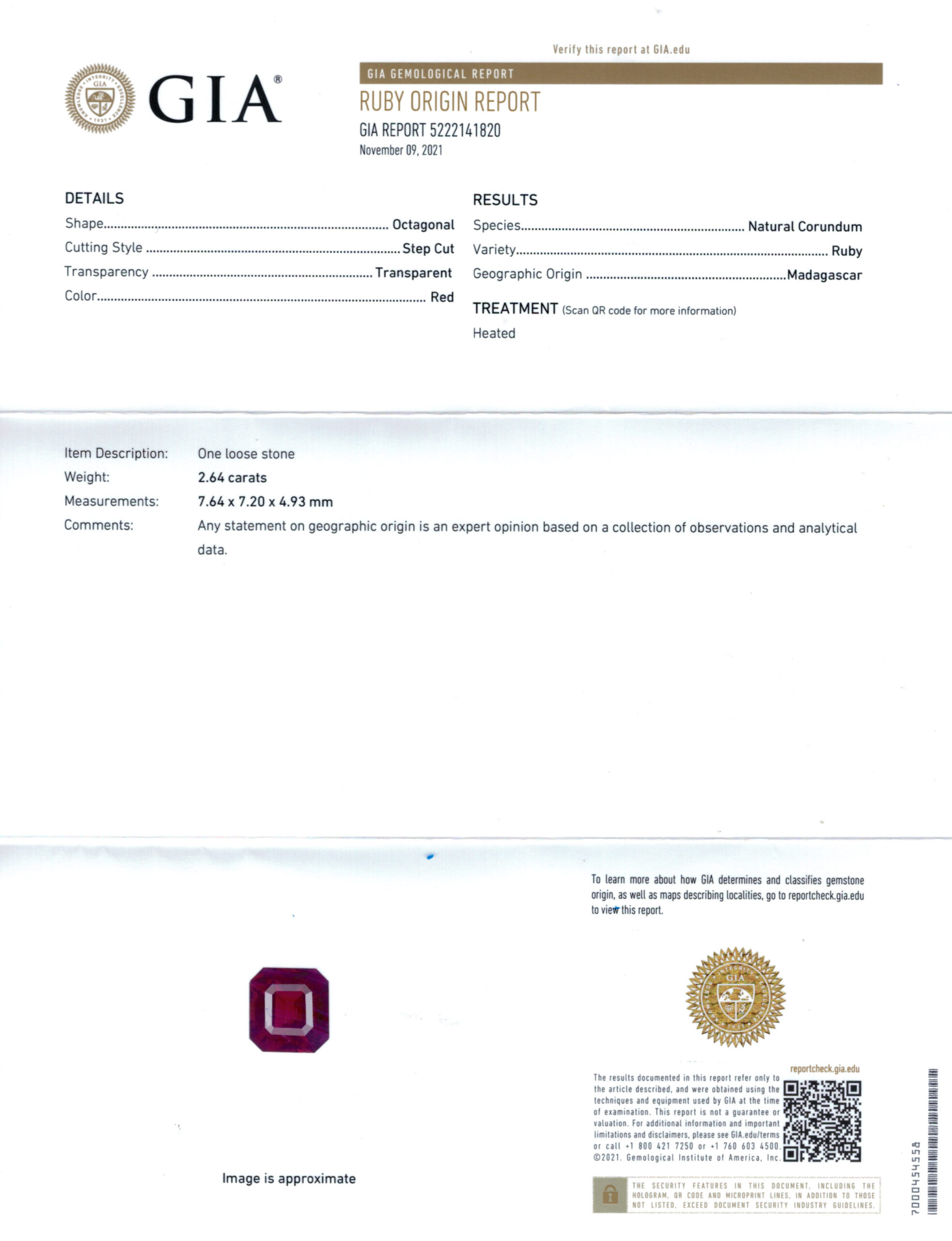 7.64X7.2MM EMERALD CUT  MADAGASCAR RUBY 2.64CT