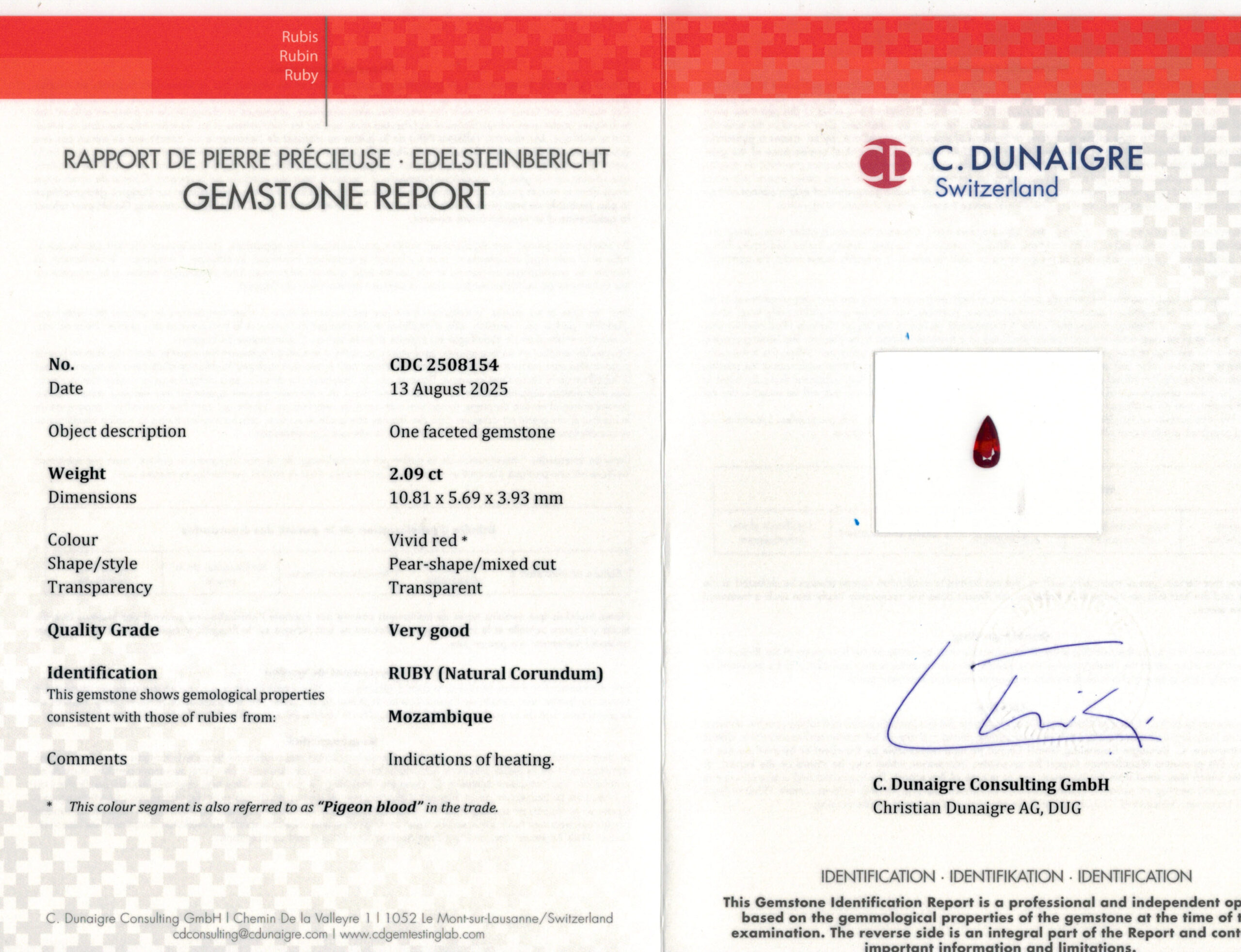 10.81X5.69MM PEAR  MOZAMBIQUE RUBY 4.10CT
