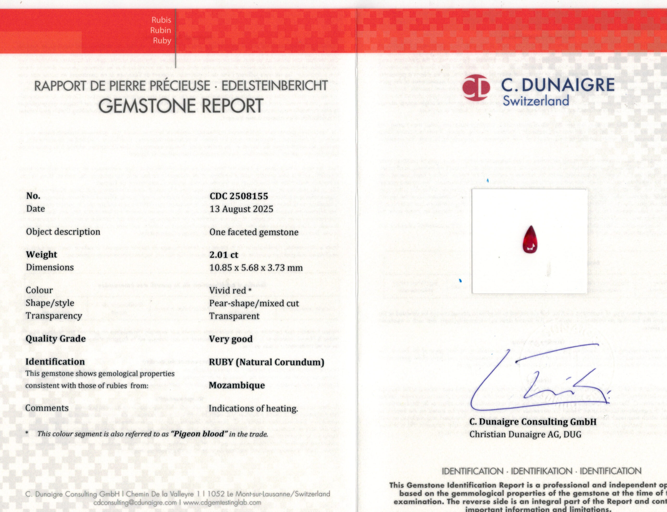 10.81X5.69MM PEAR  MOZAMBIQUE RUBY 4.10CT