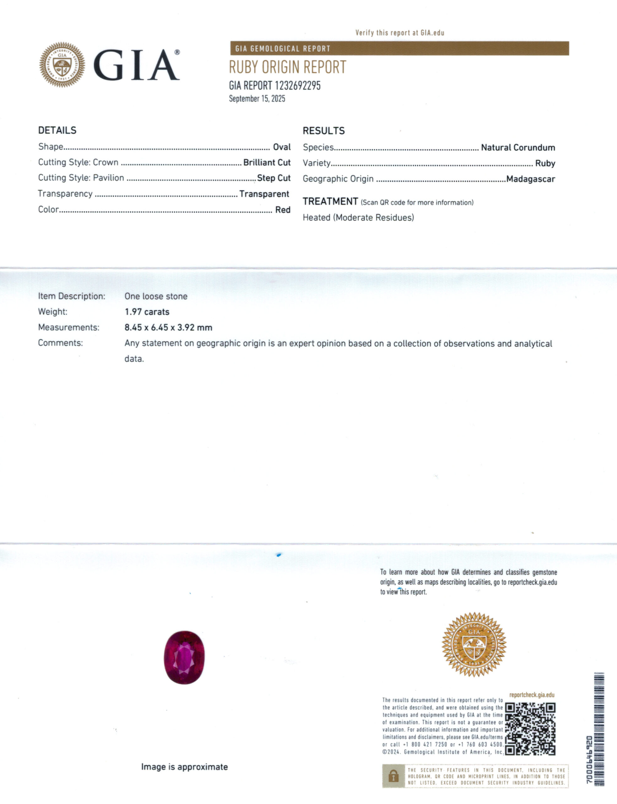 8.45X6.45MM OVAL  MADAGASCAR RUBY 1.97CT
