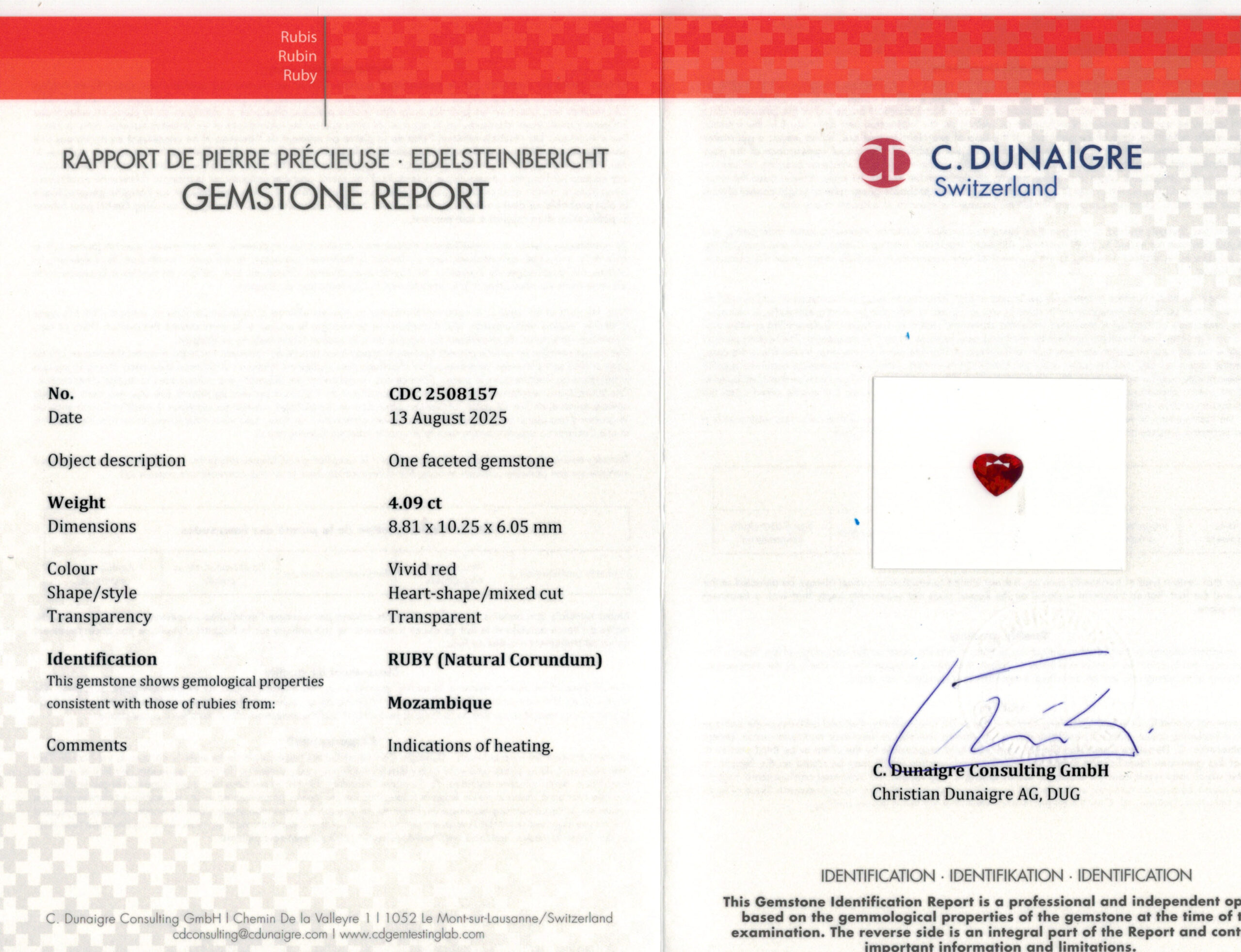 8.81X10.25MM HEART  MOZAMBIQUE RUBY 4.09CT
