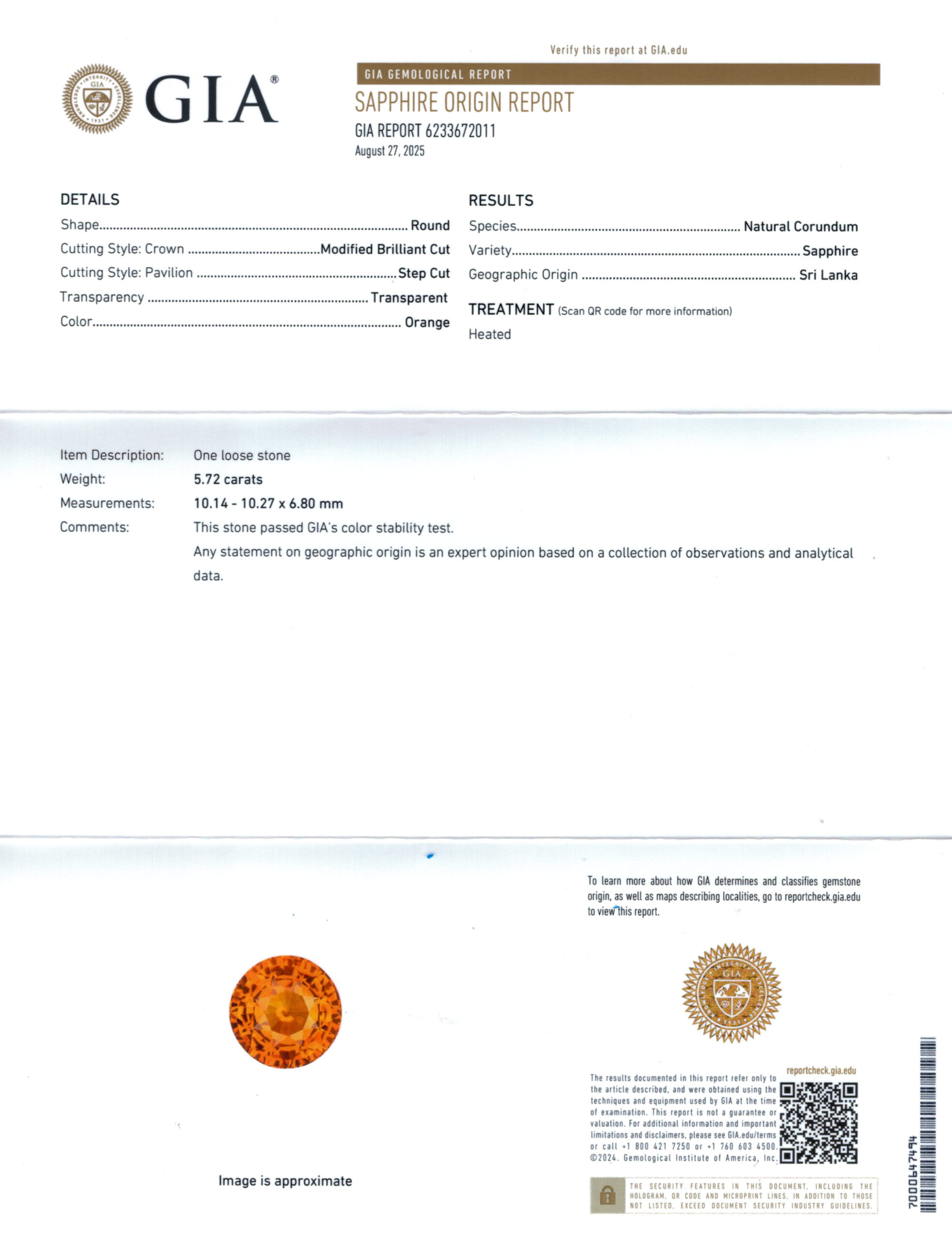 10.14X10.27MM ROUND ORANGE SRI LANKA SAPPHIRE 5.72CT