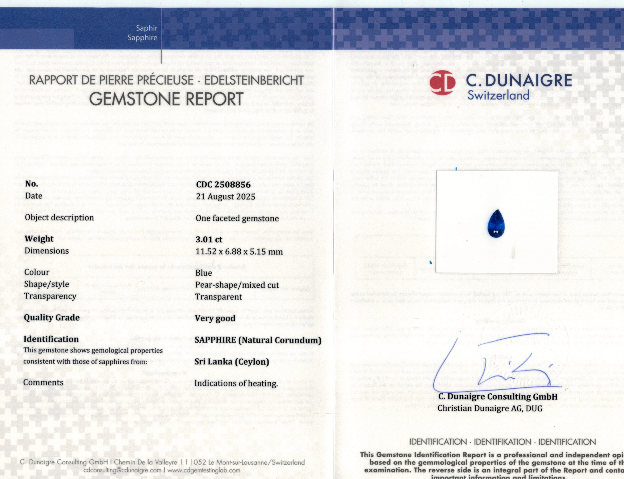 11.52X6.88MM PEAR  SRI LANKA SAPPHIRE 3.01CT