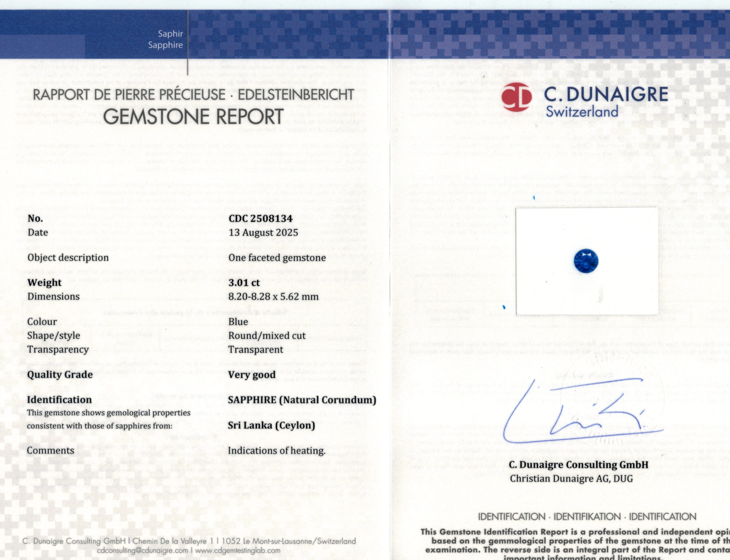 8.2X8.28MM ROUND  SRI LANKA SAPPHIRE 3.01CT