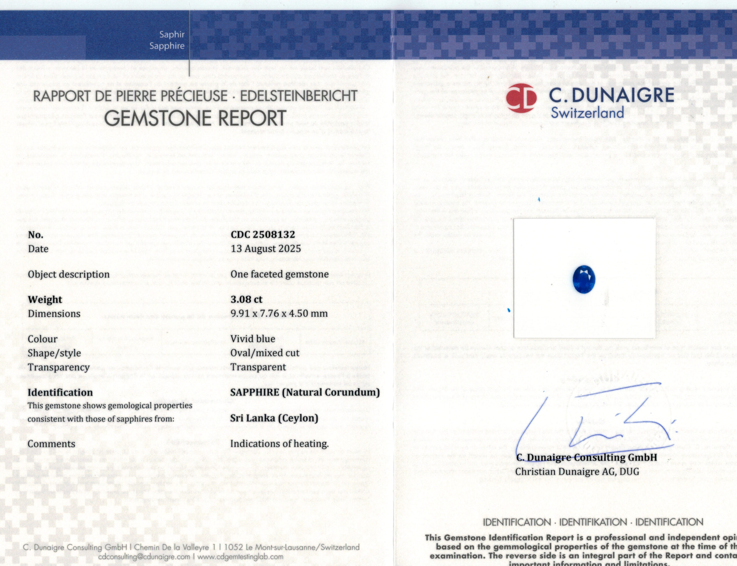 9.91X7.76MM OVAL  SRI LANKA SAPPHIRE 3.08CT