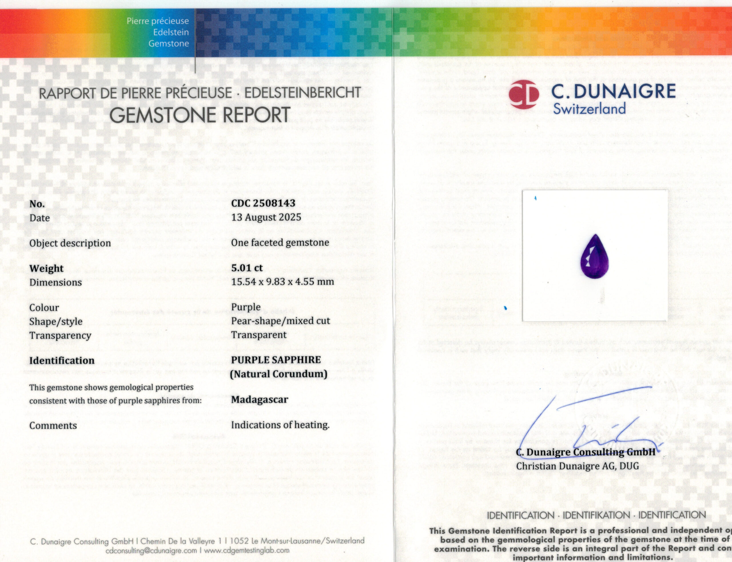 15.54X9.83MM PEAR PURPLE MADAGASCAR SAPPHIRE 5.01CT