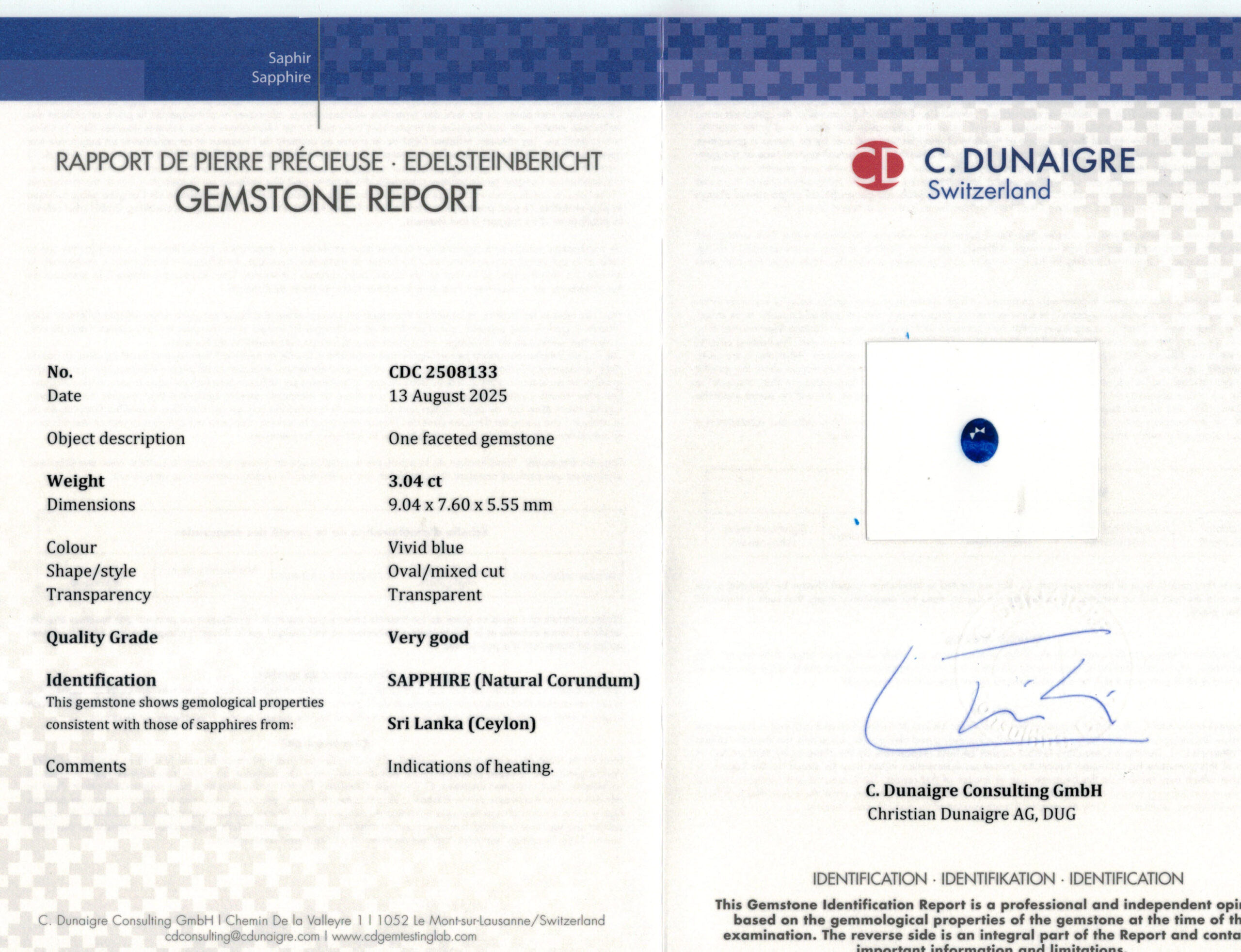 9.04X7.6MM OVAL  SRI LANKA SAPPHIRE 3.04CT