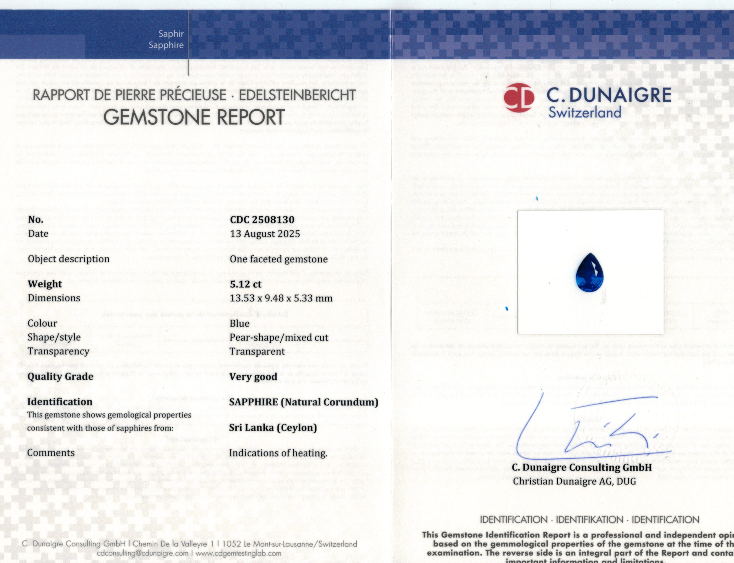 13.53X9.48MM PEAR  SRI LANKA SAPPHIRE 5.12CT