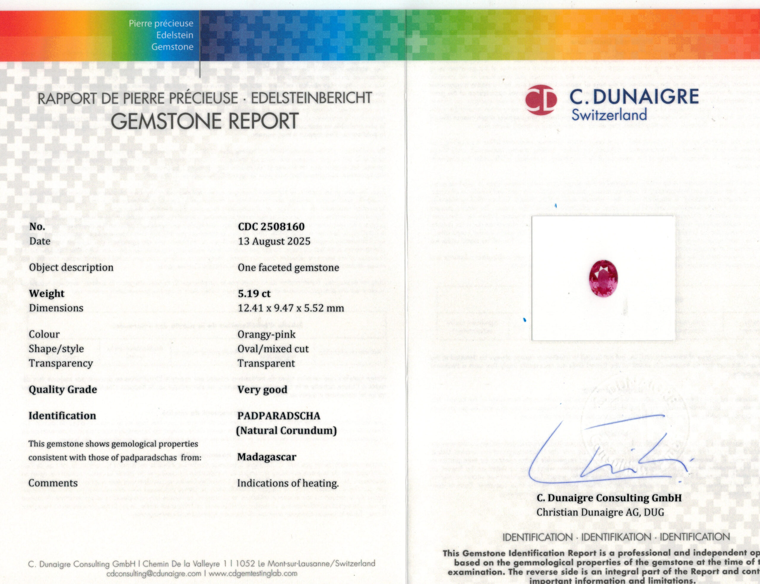 12.41X9.47MM OVAL PADPARADSHCA MADAGASCAR SAPPHIRE 5.19CT