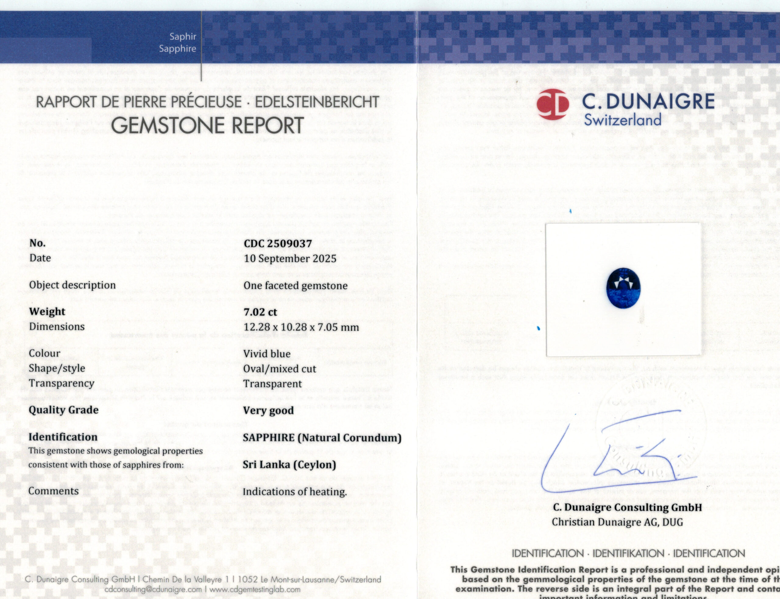 12.28X10.28MM OVAL  SRI LANKA SAPPHIRE 7.02CT