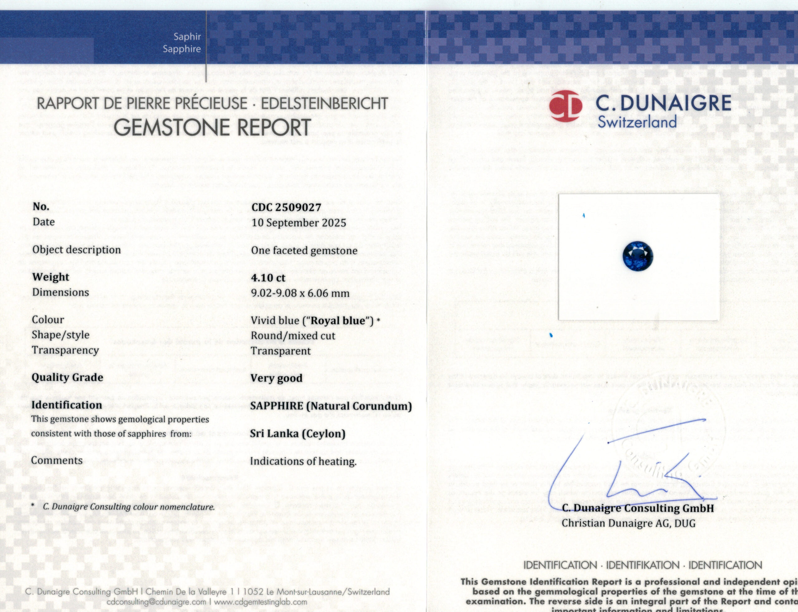 9.02X9.08MM ROUND  SRI LANKA SAPPHIRE 4.10CT