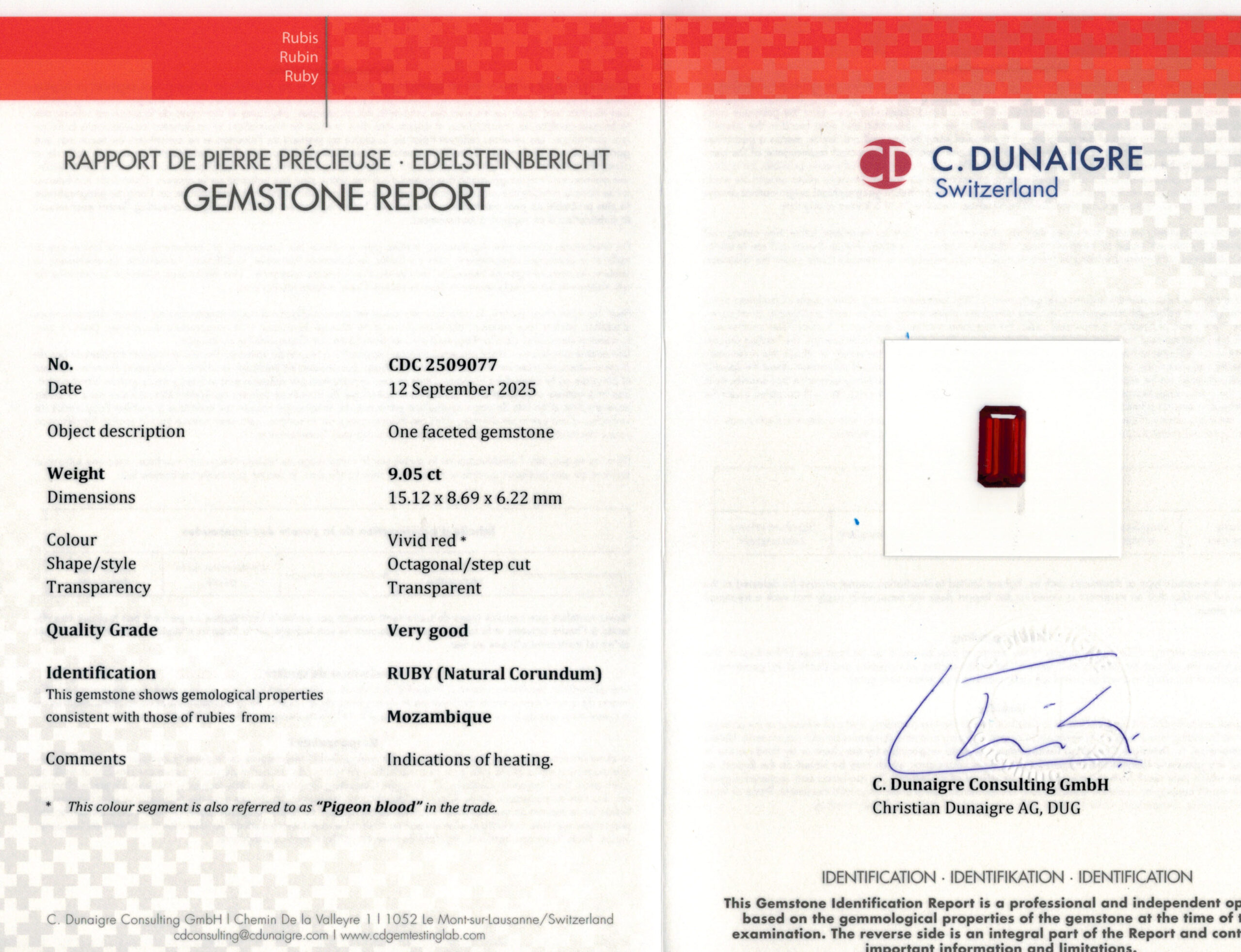 15.12X8.69MM EMERALD CUT  MOZAMBIQUE RUBY 9.03CT