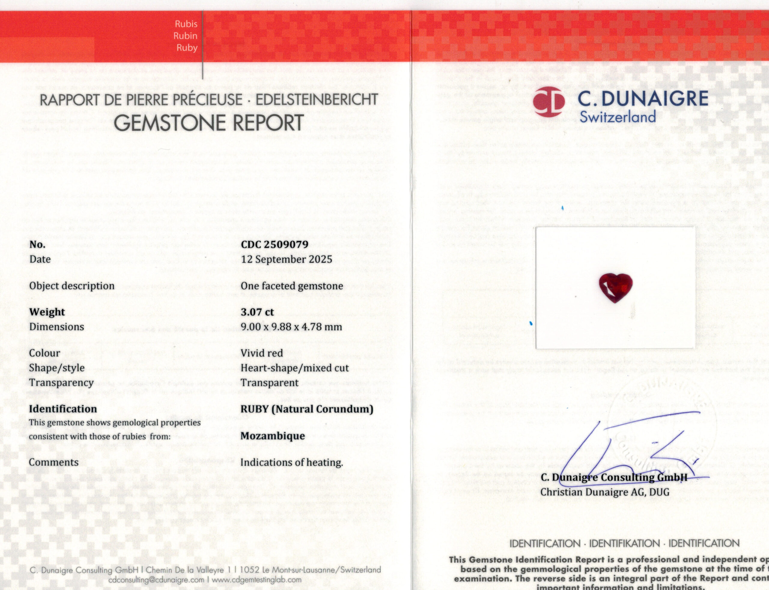 9X9.88MM HEART  MOZAMBIQUE RUBY 3.07CT