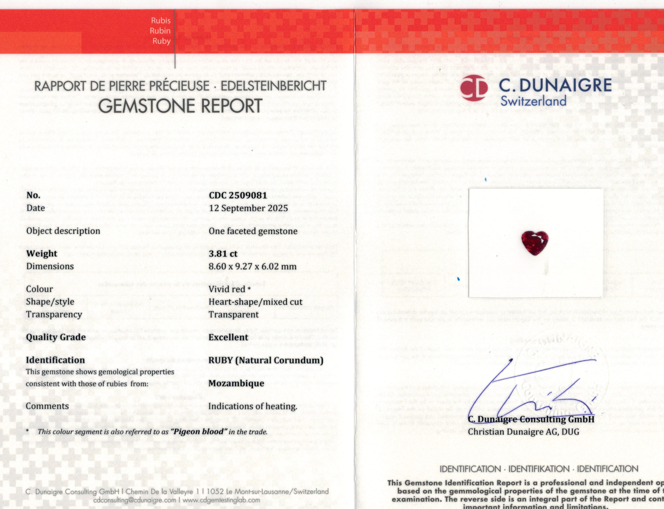 8.6X9.27MM HEART  MOZAMBIQUE RUBY 3.81CT