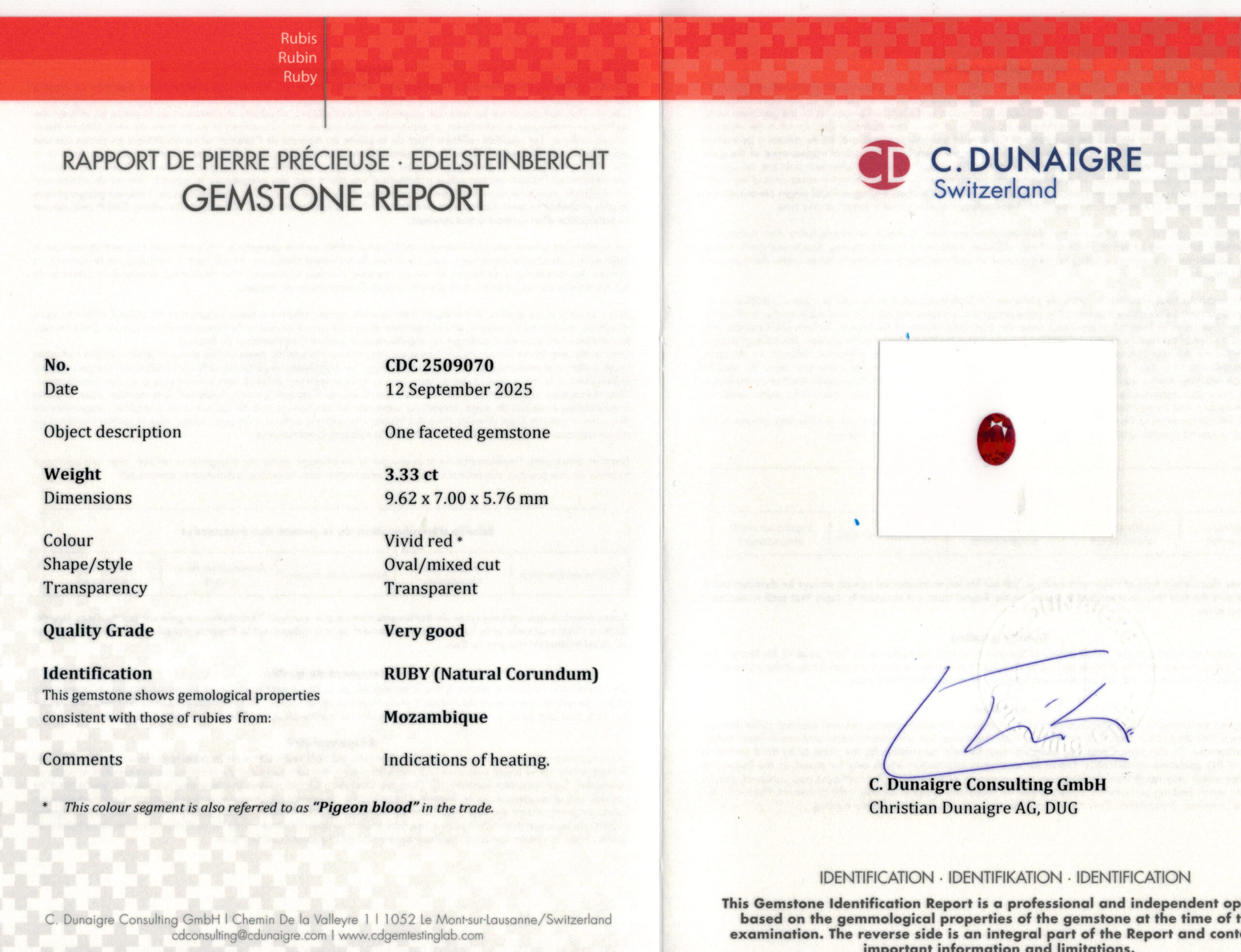 9.62X7MM OVAL  MOZAMBIQUE RUBY 3.33CT