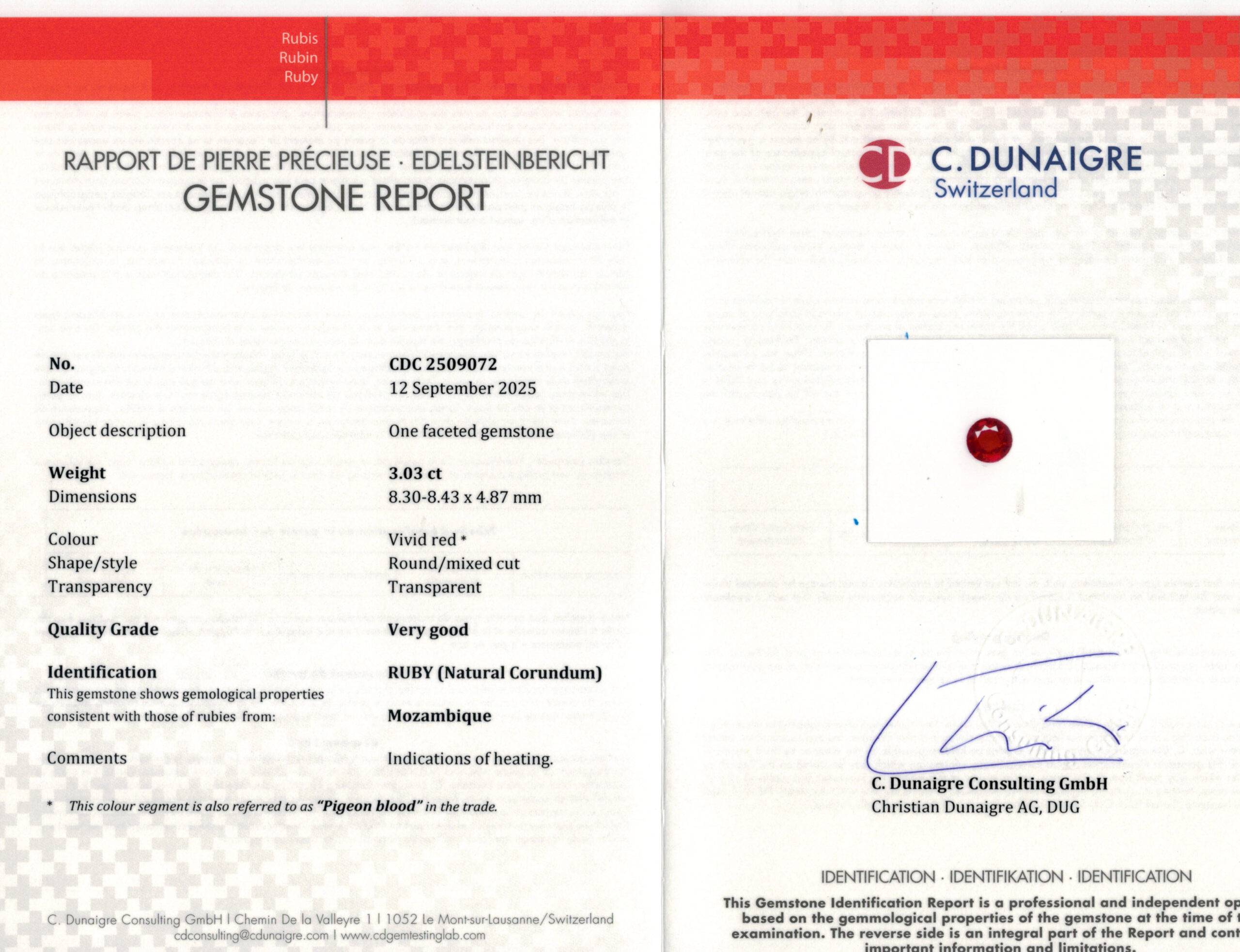 8.3X8.43MM ROUND  MOZAMBIQUE RUBY 3.03CT