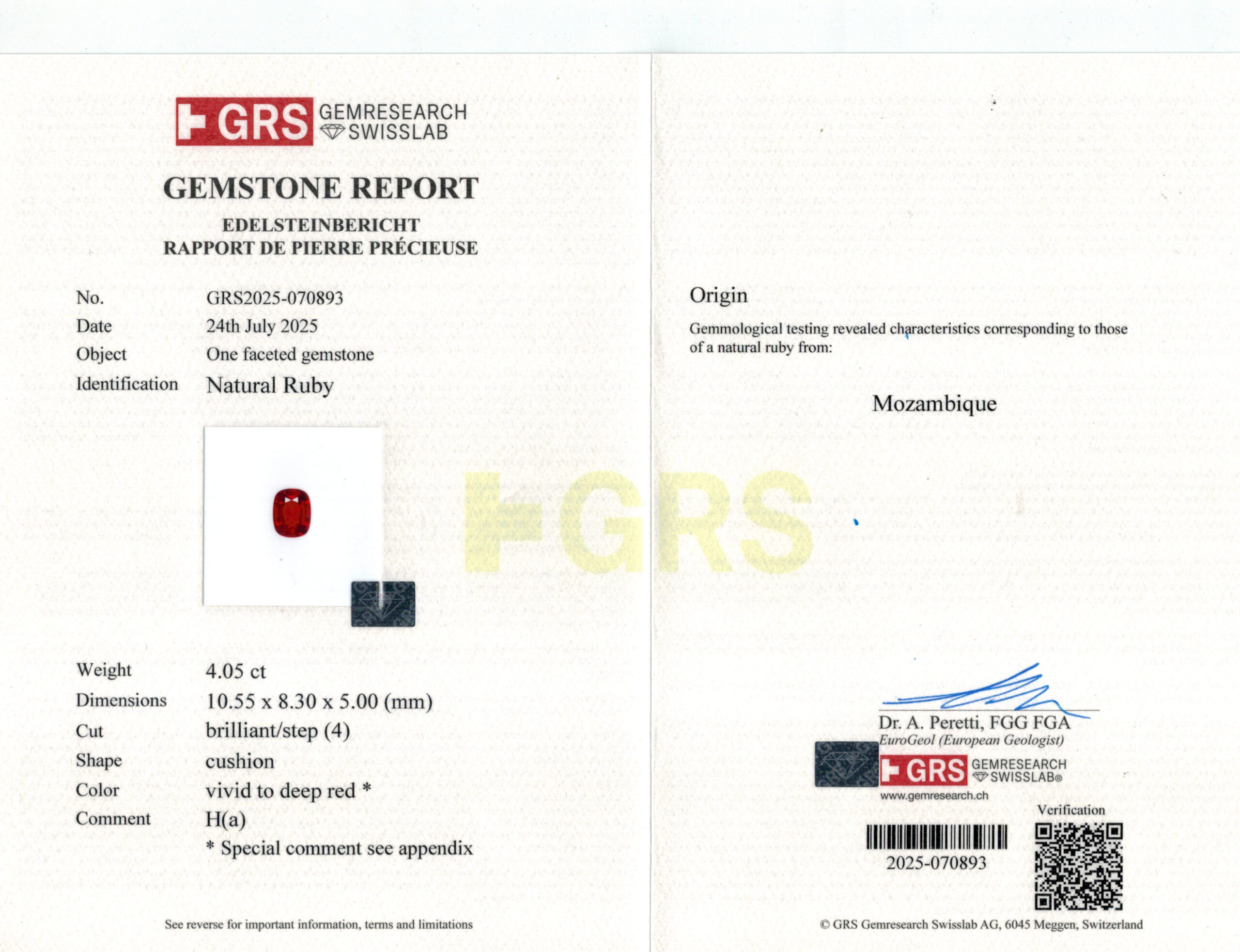 10.55X8.3MM ANTIQUE CUSHION  MOZAMBIQUE RUBY 4.05CT