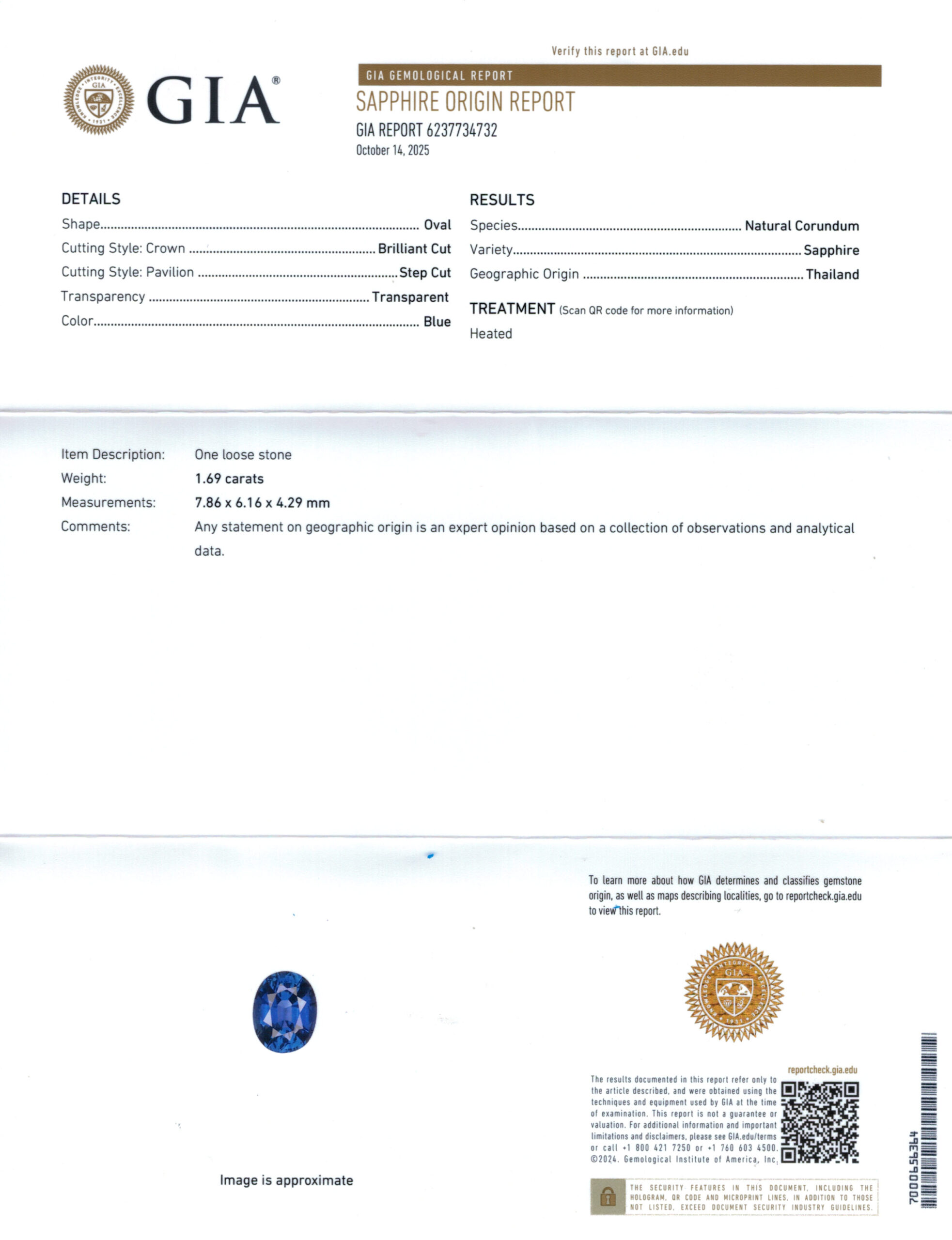 7.86X6.16MM OVAL  THAILAND SAPPHIRE 1.69CT