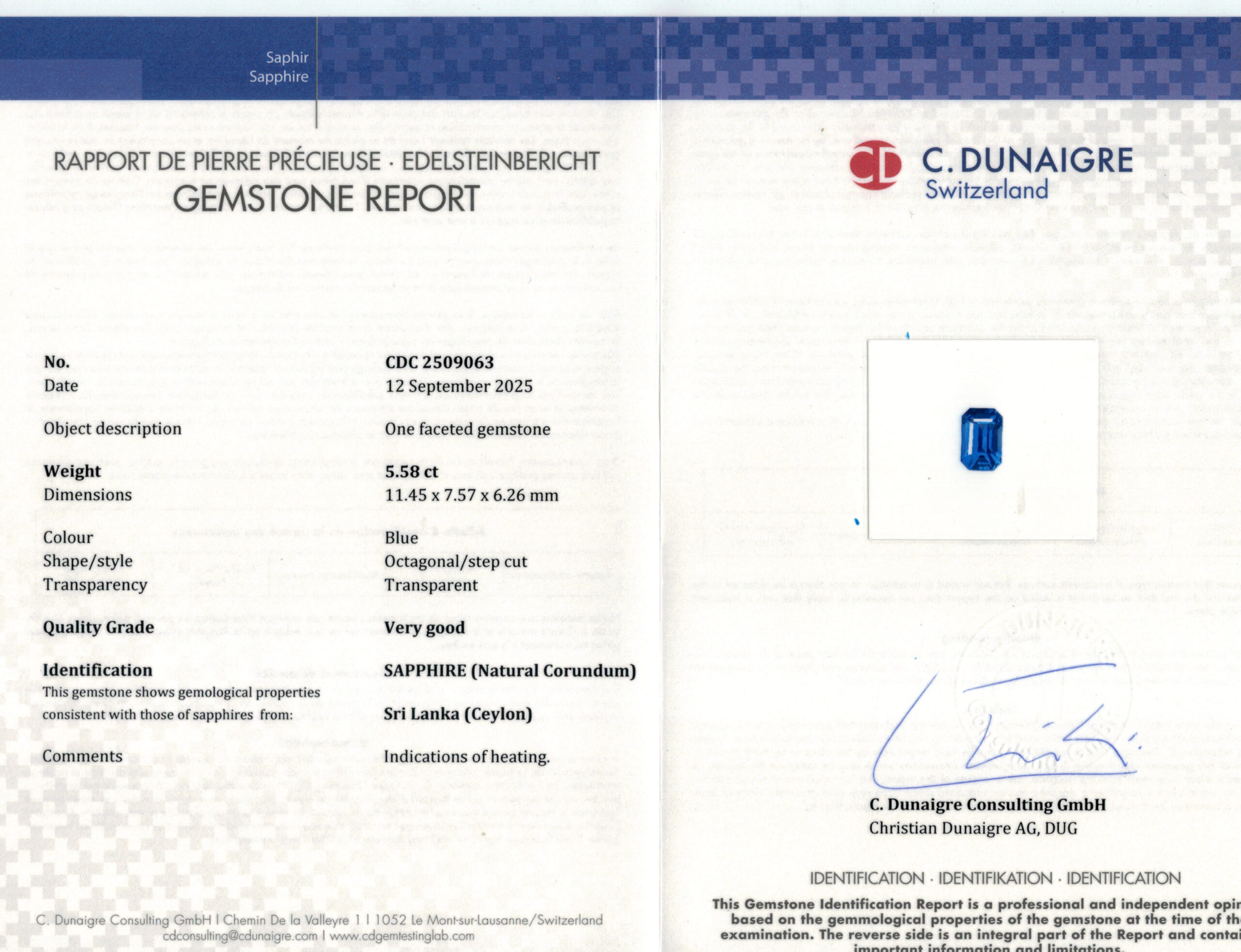 11.45X7.57MM EMERALD CUT  SRI LANKA SAPPHIRE 5.58CT