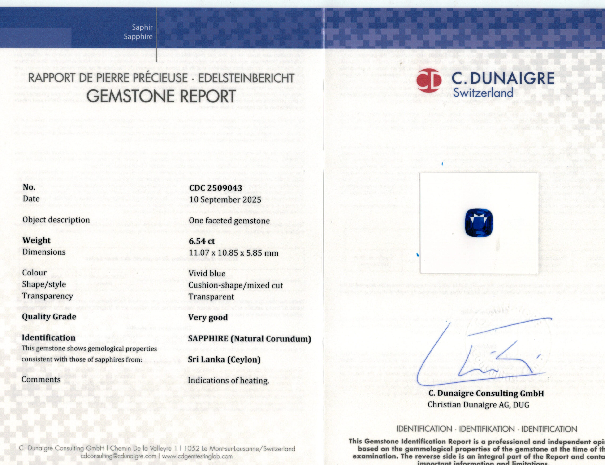 11.07X10.85MM ANTIQUE CUSHION  SRI LANKA SAPPHIRE 6.54CT