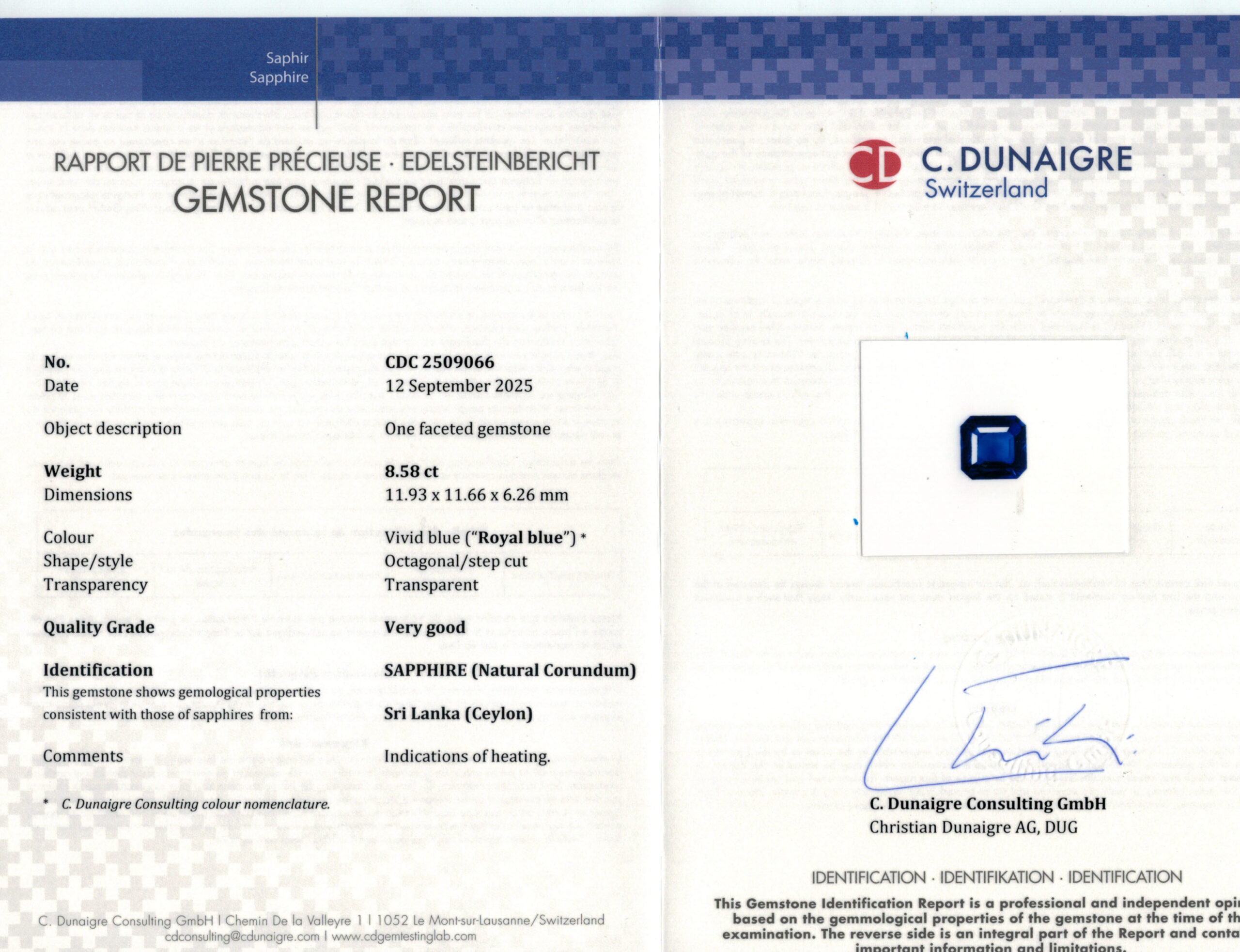 11.93X11.66MM EMERALD CUT  SRI LANKA SAPPHIRE 8.58CT