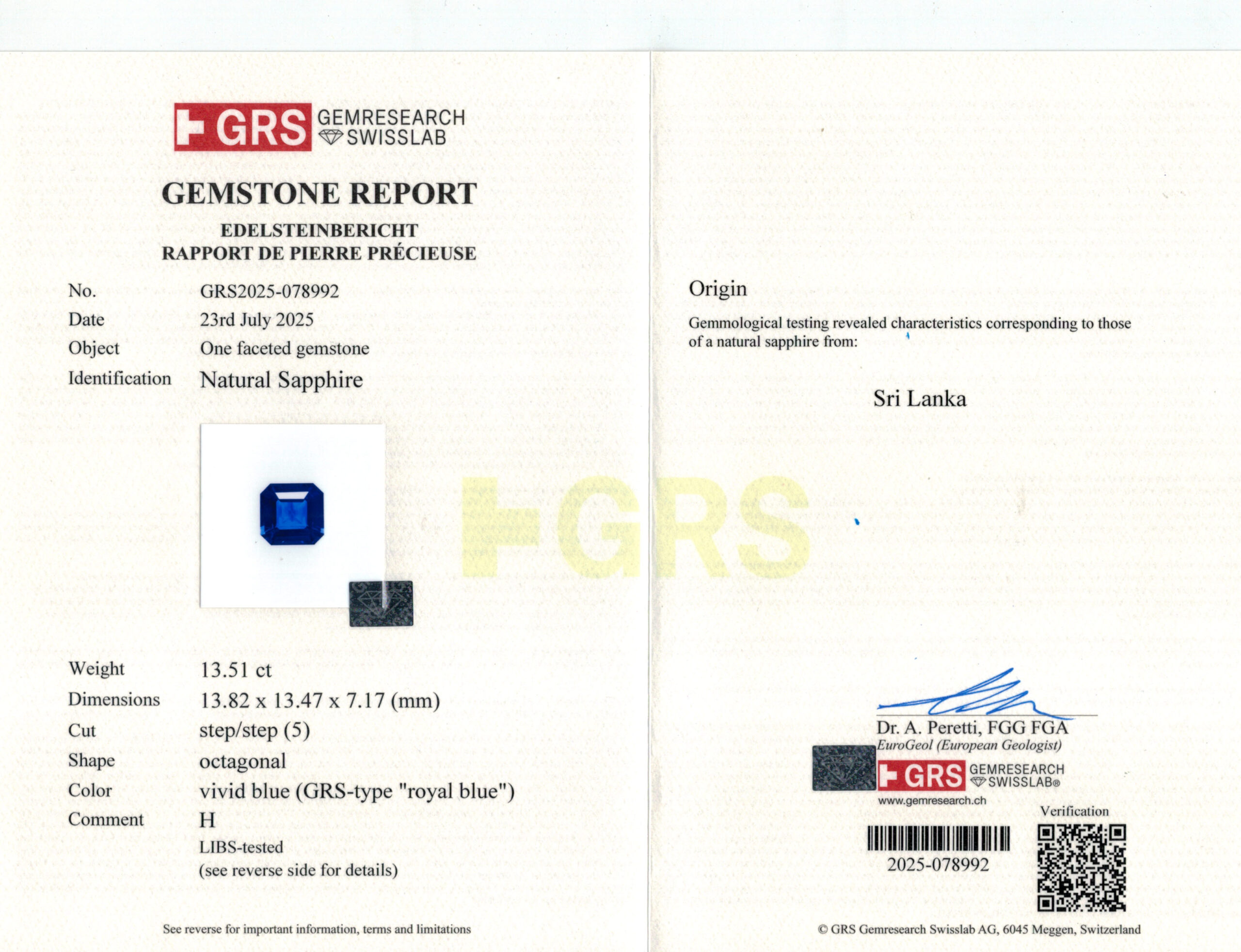 13.82X13.47MM EMERALD CUT  SRI LANKA SAPPHIRE 13.51CT