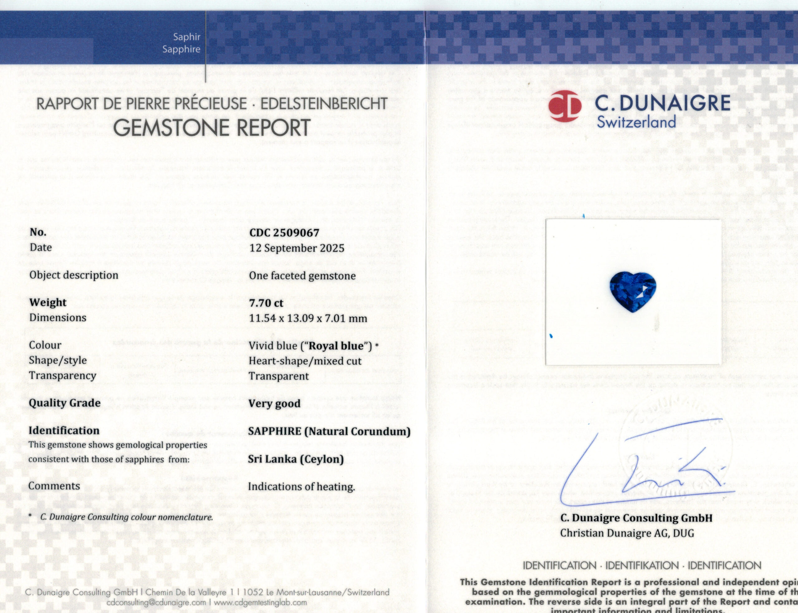 11.54X13.09MM HEART  SRI LANKA SAPPHIRE 7.70CT