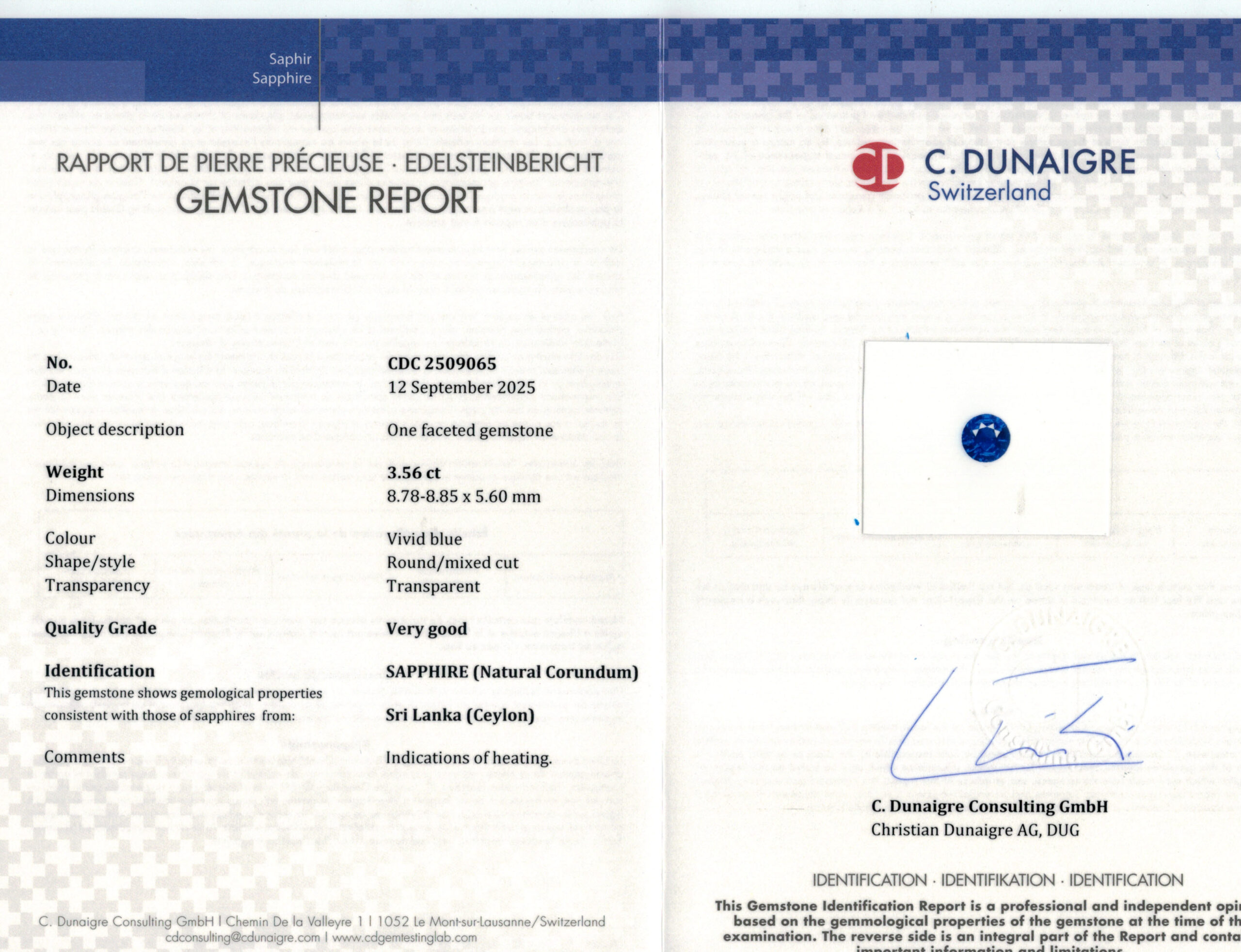 8.78X8.85MM ROUND  SRI LANKA SAPPHIRE 3.56CT