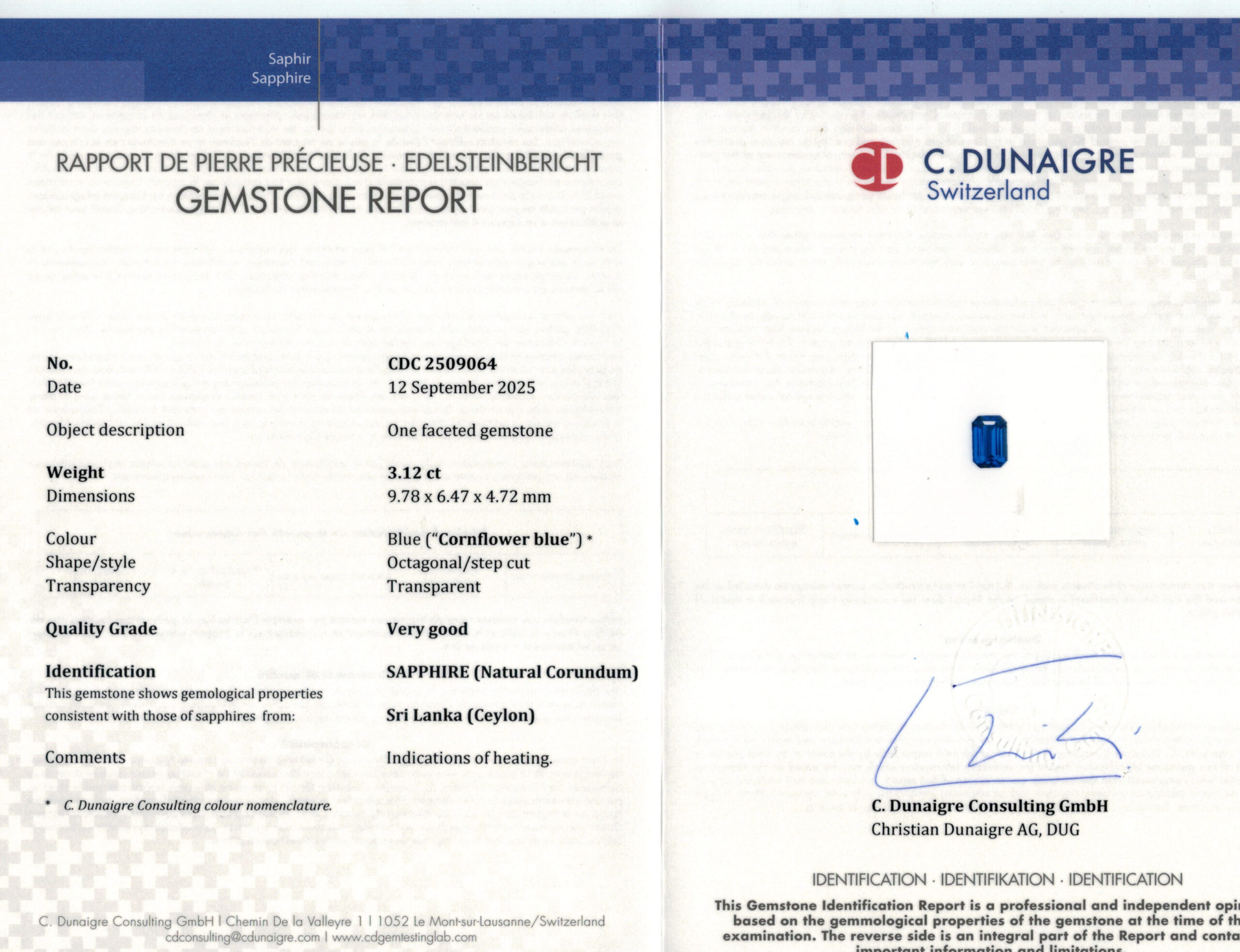 9.78X6.47MM EMERALD CUT  SRI LANKA SAPPHIRE 3.12CT