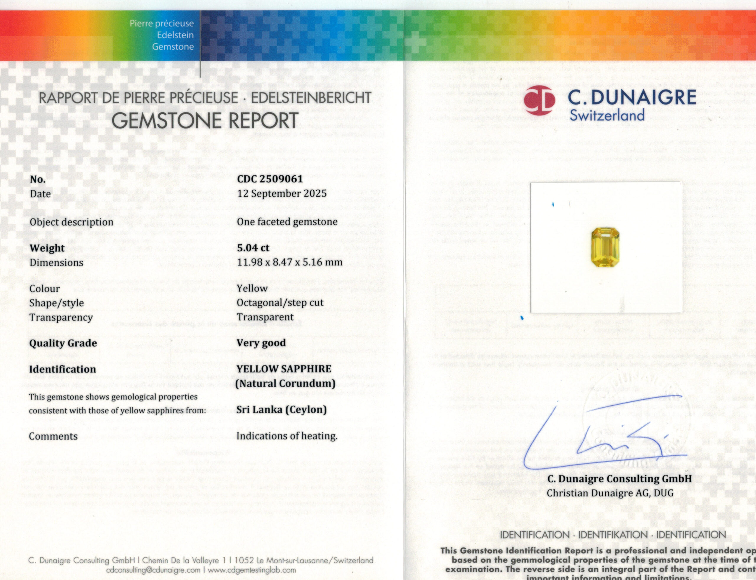 11.98X8.47MM EMERALD CUT YELLOW SRI LANKA SAPPHIRE 5.04CT