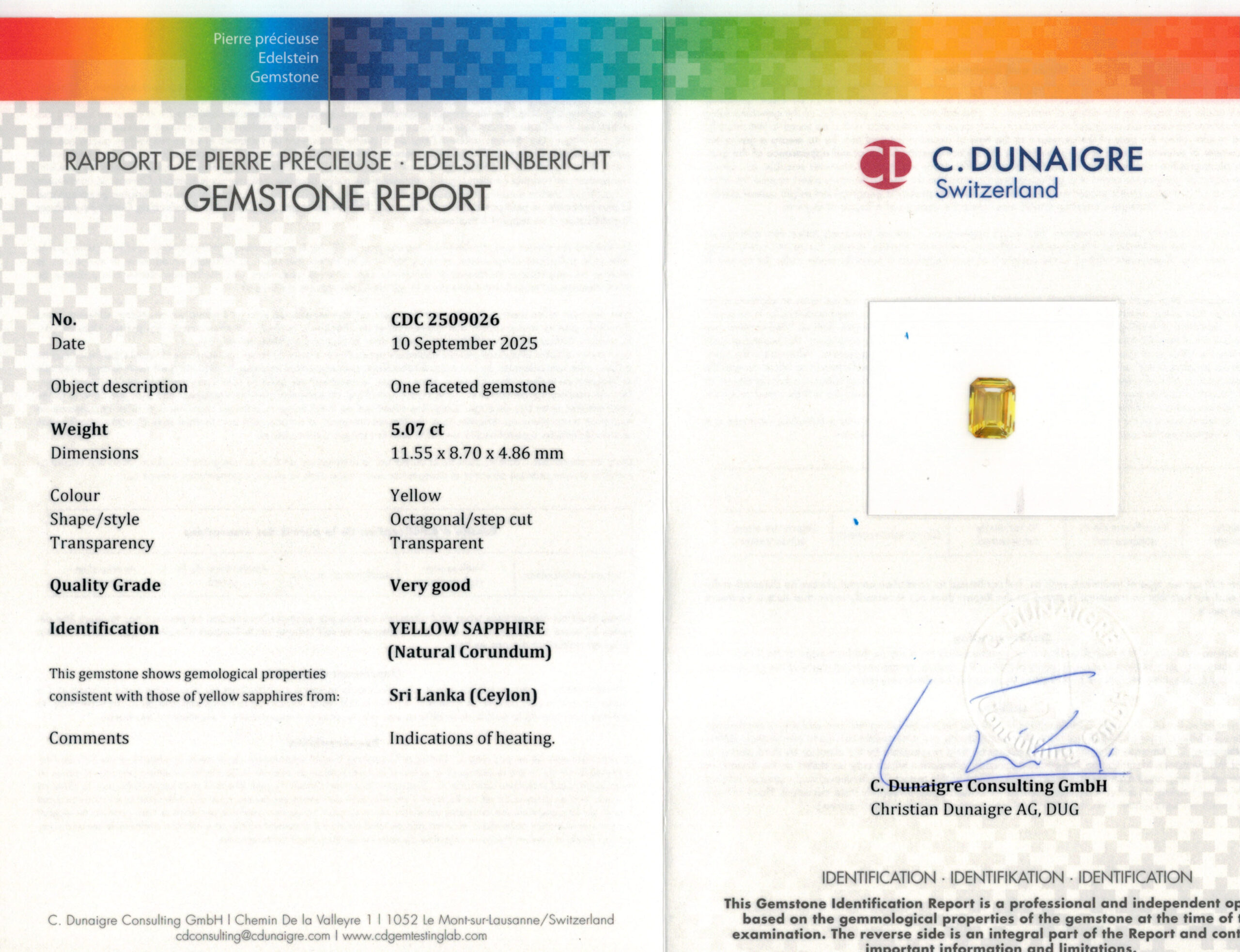 11.55X8.7MM EMERALD CUT YELLOW SRI LANKA SAPPHIRE 5.07CT